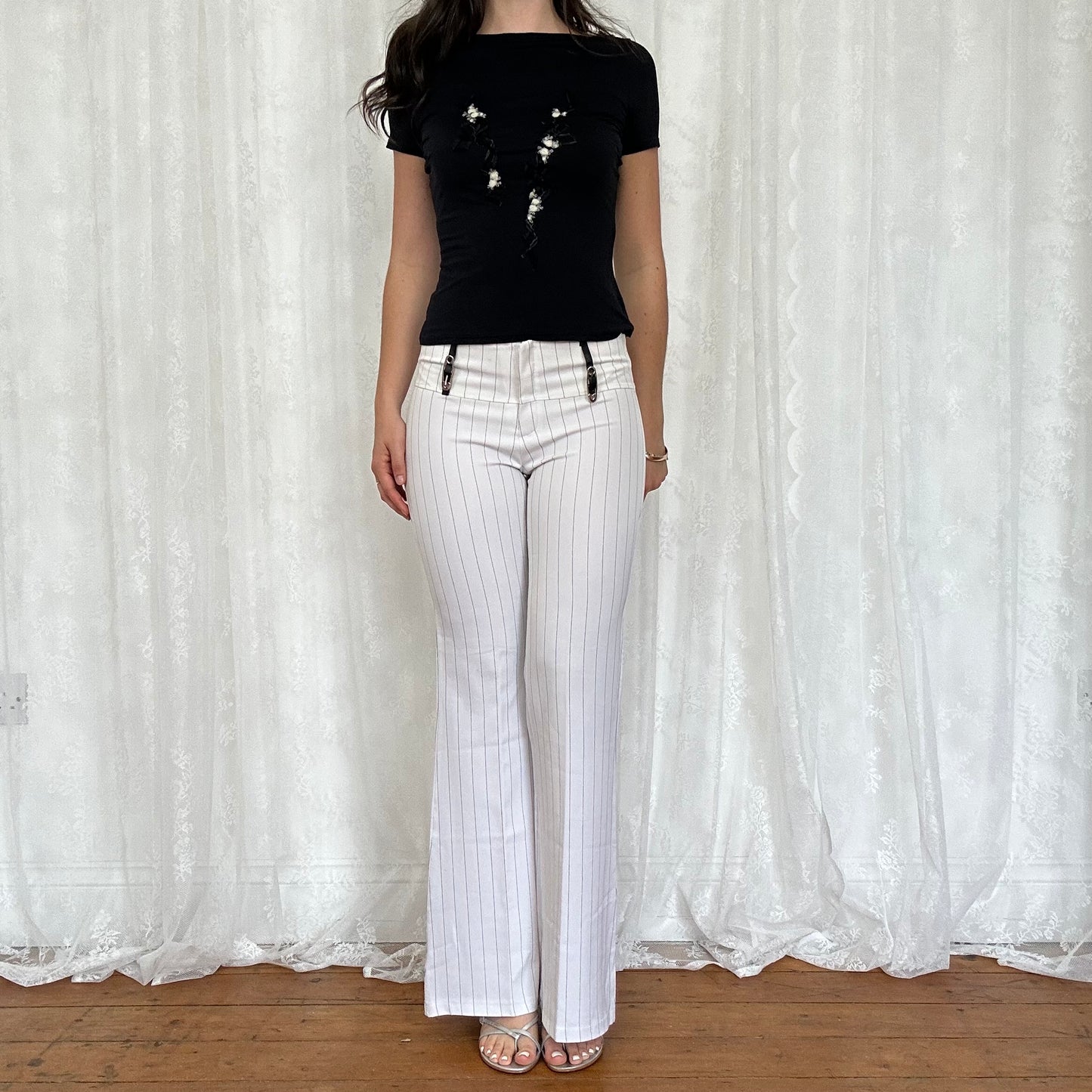 vintage 00s white pinstripe flared trousers