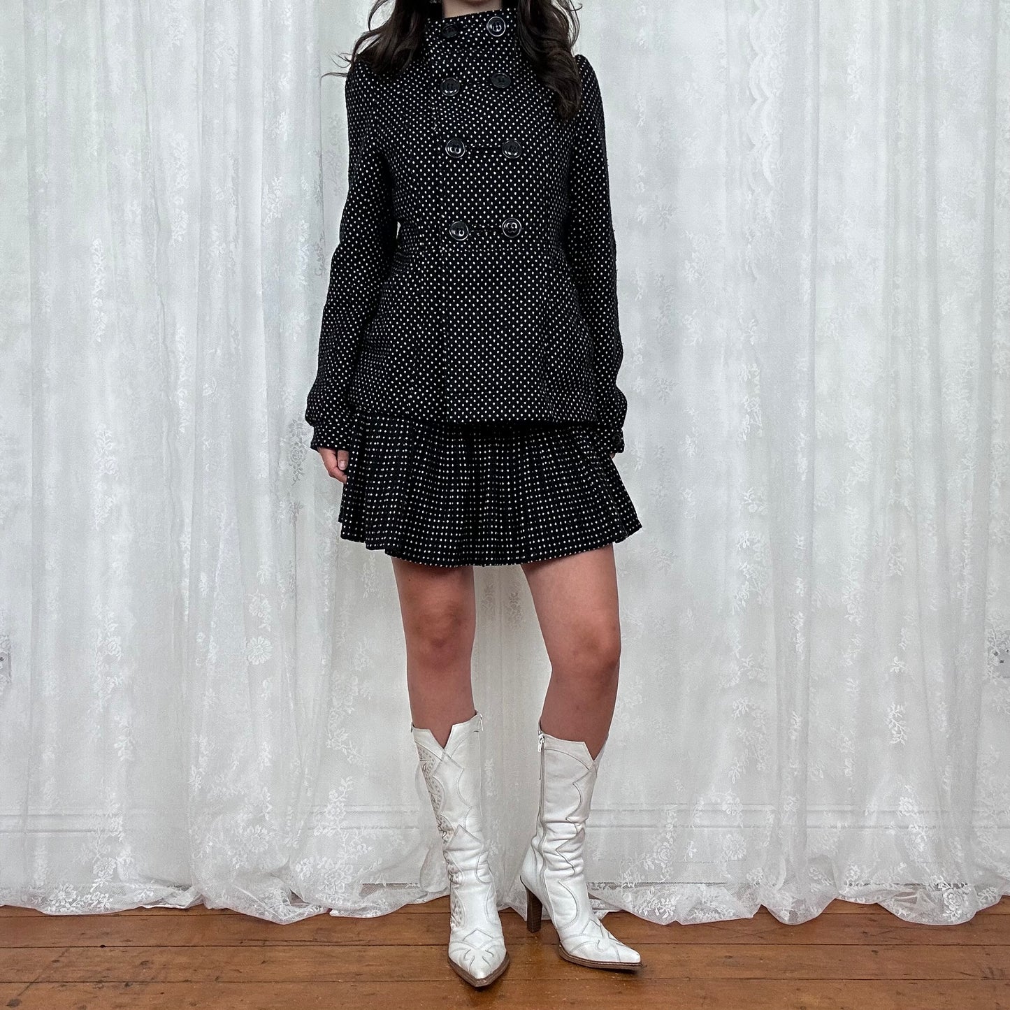 vintage 00s black and white polka dot trench coat and mini skirt co ord