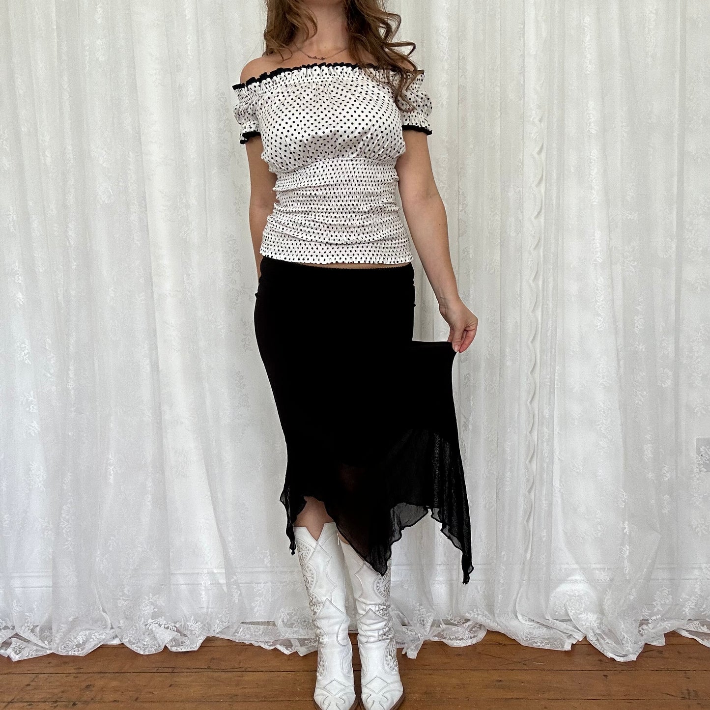 vintage 00s black mesh asymmetrical midi skirt