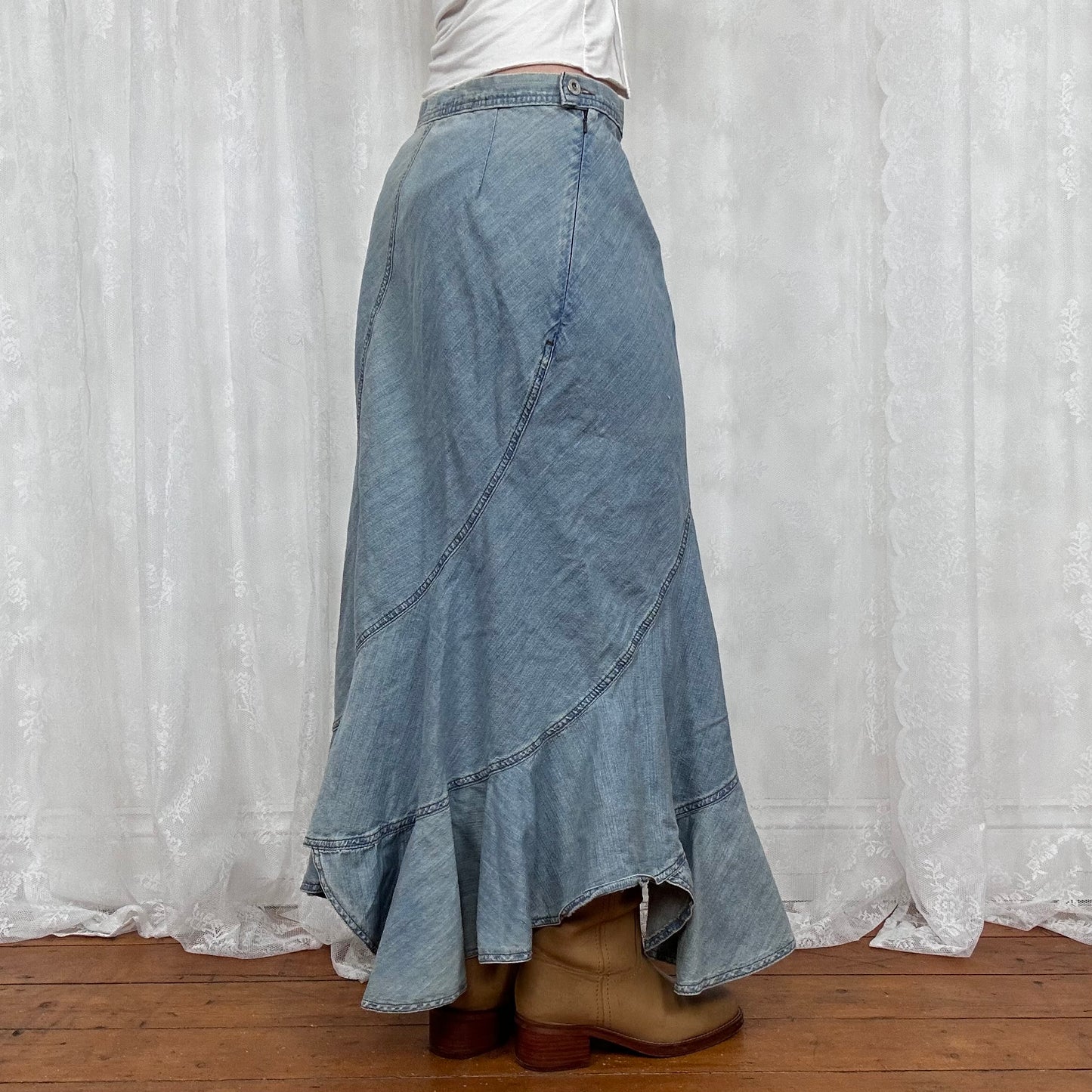 vintage 00s light wash denim pleated maxi skirt