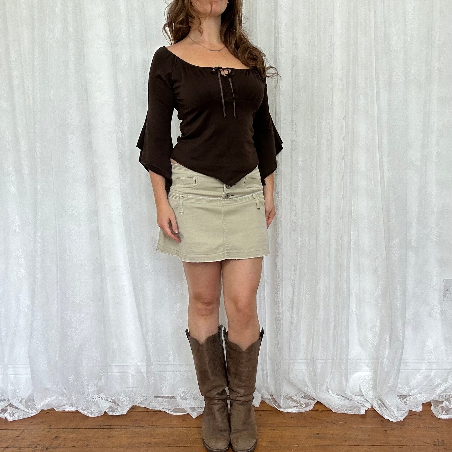 vintage 00s brown flared sleeve milkmaid top