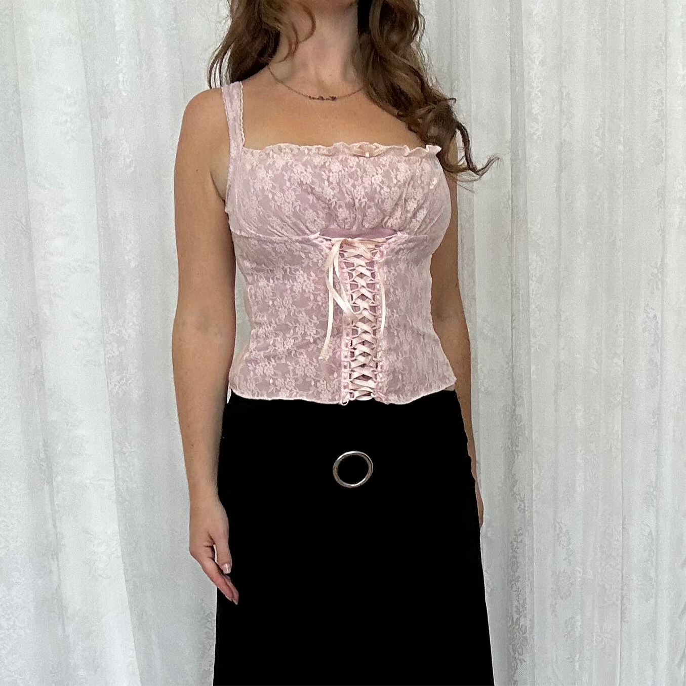 vintage 00s baby pink lace milkmaid top