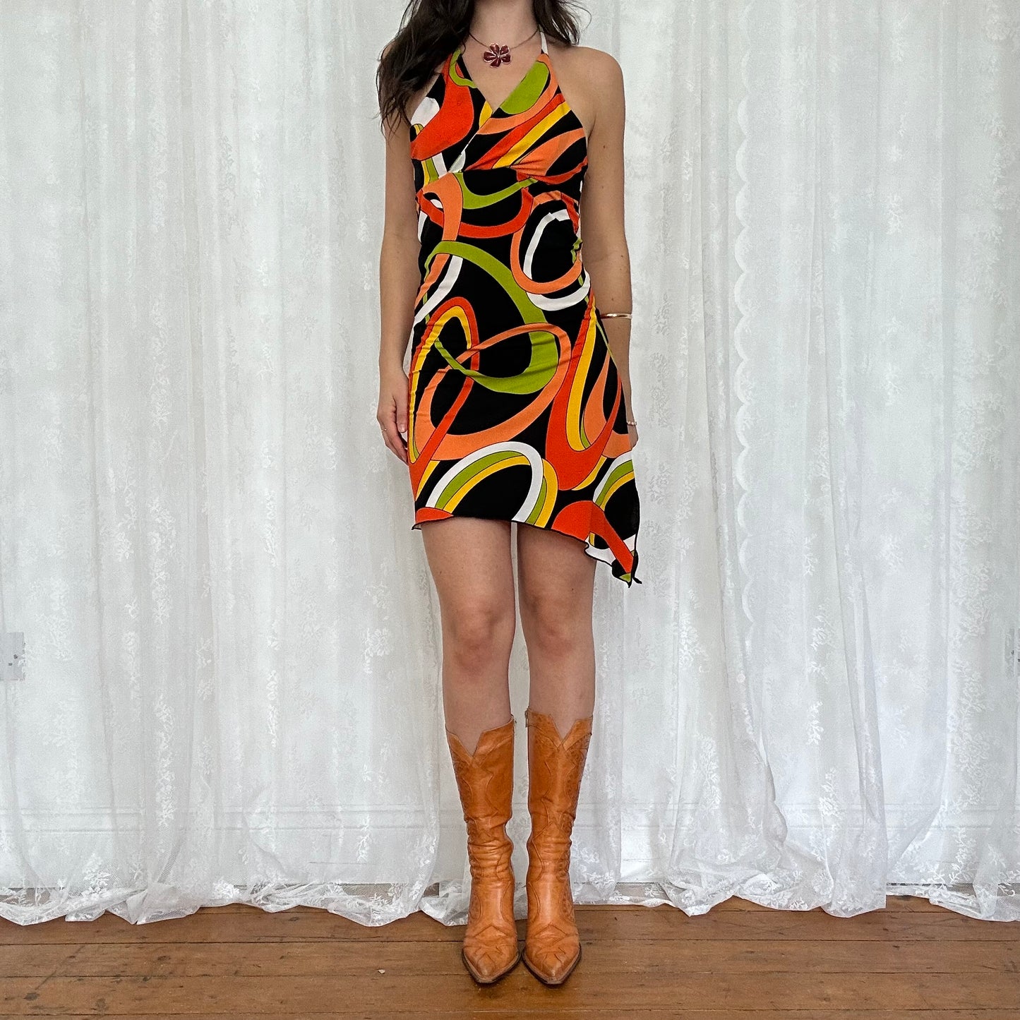 vintage 00s funky patterned asymmetrical halter dress