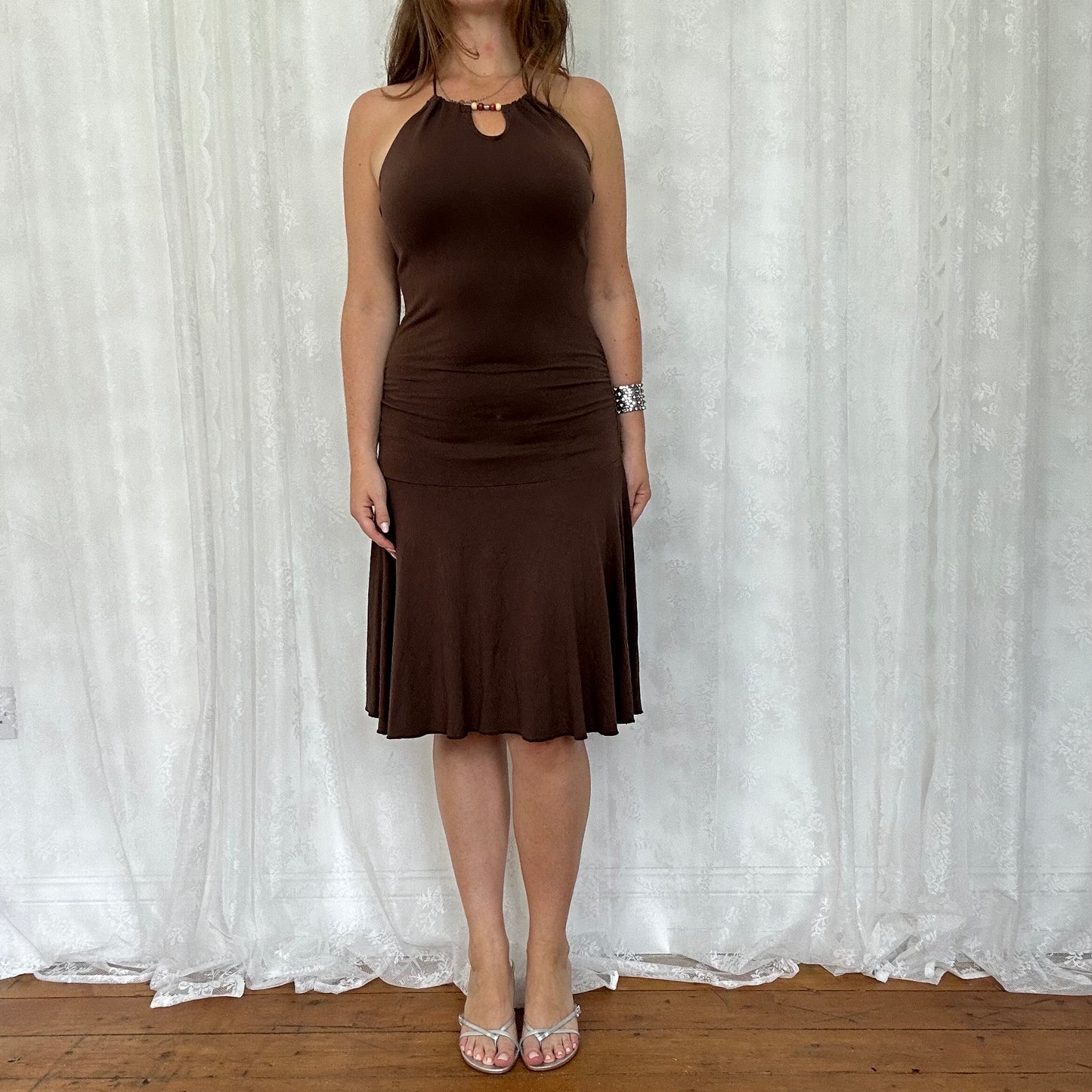 vintage 00s brown halter midi dress with bead detailing