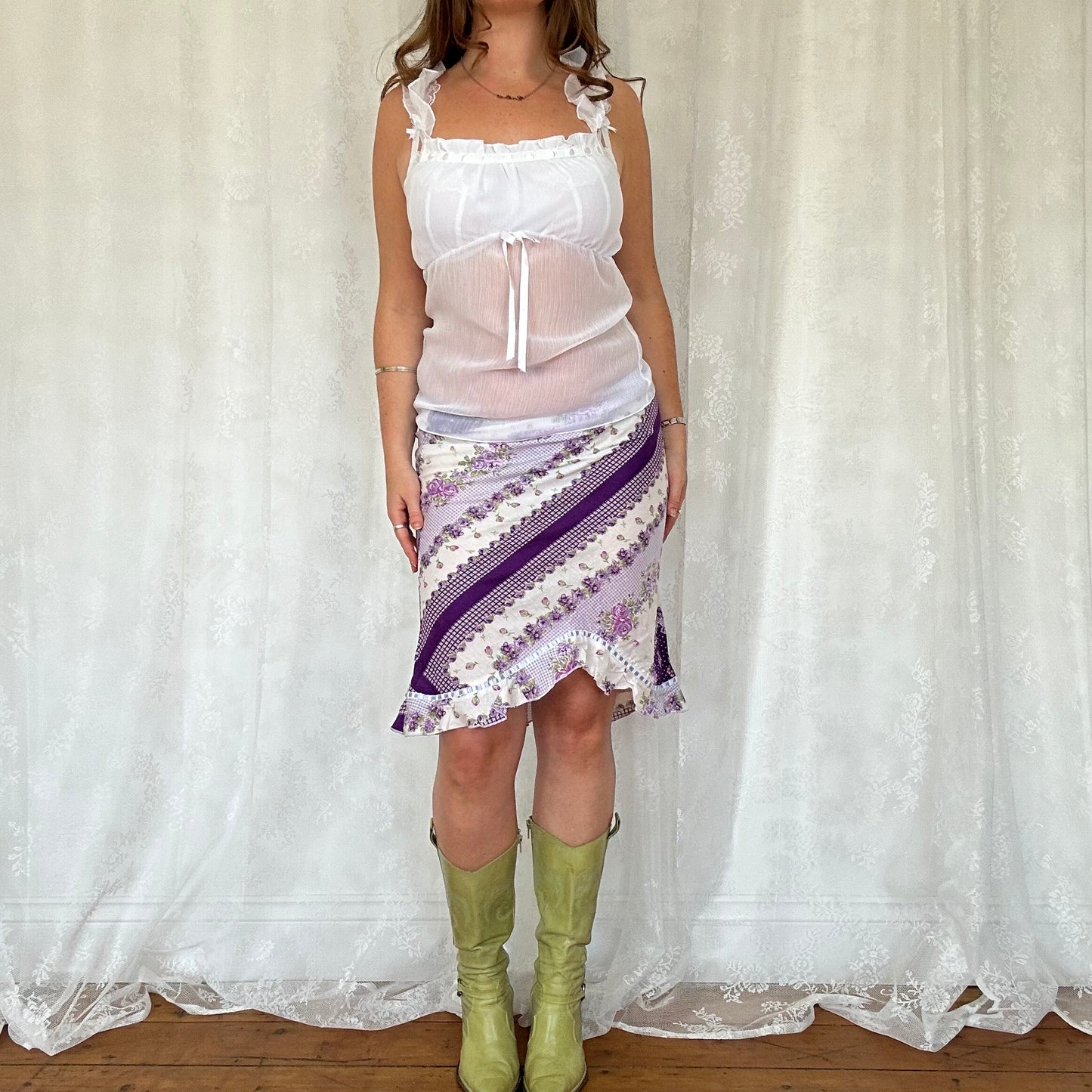 vintage 00s purple floral patchwork asymmetrical midi skirt