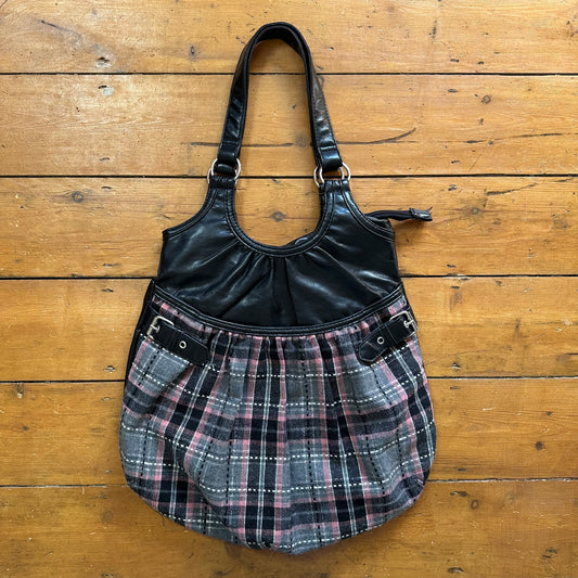 vintage 00s black PU shoulder bag with grey and pink tartan