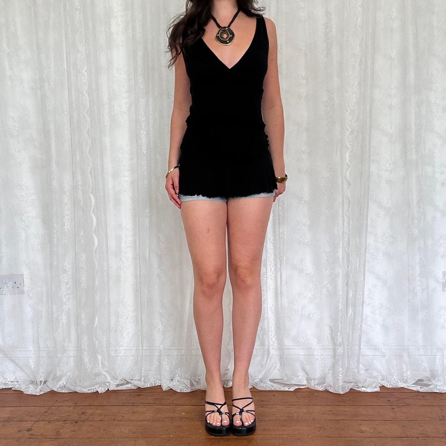 vintage 00s black tiered ruffle cami
