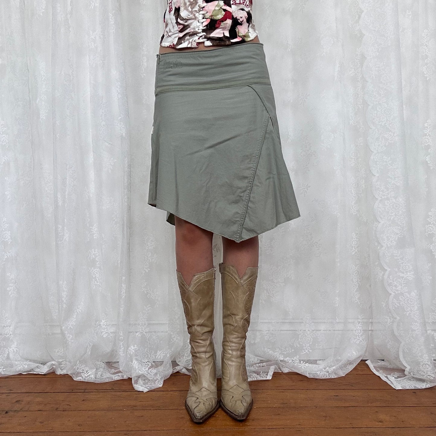 vintage 00s khaki green asymmetrical midi skirt
