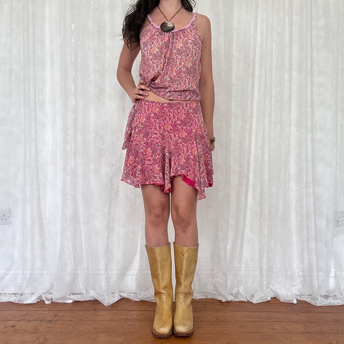 vintage 00s pink paisley floaty mesh cami and mini skirt set
