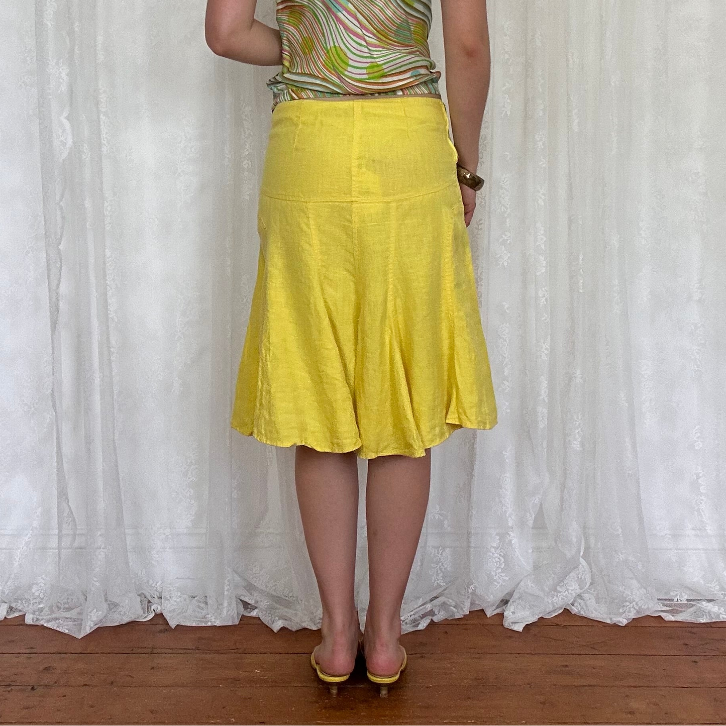 vintage 00s yellow linen ruffle midi skirt