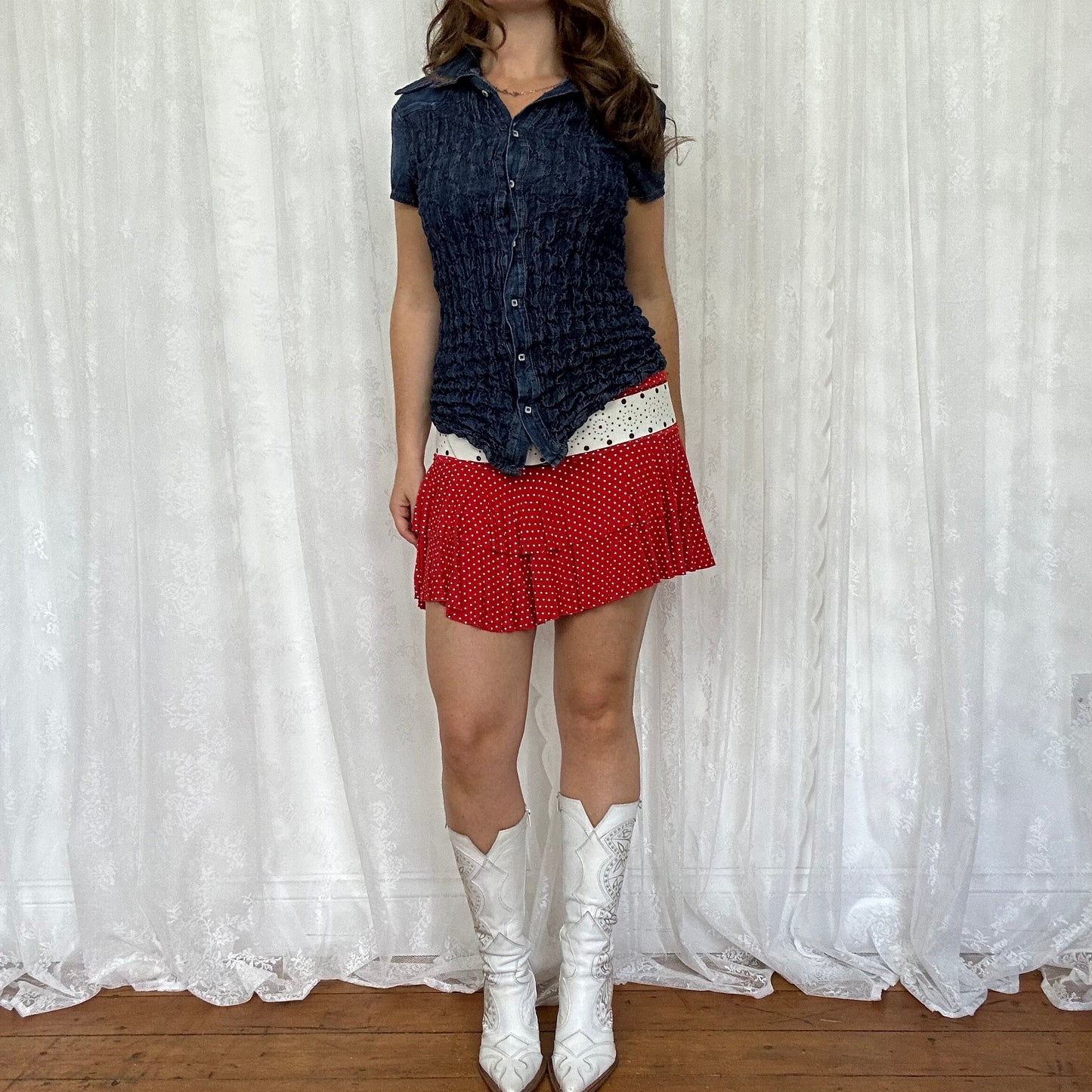 vintage 00s shirred short sleeve denim shirt