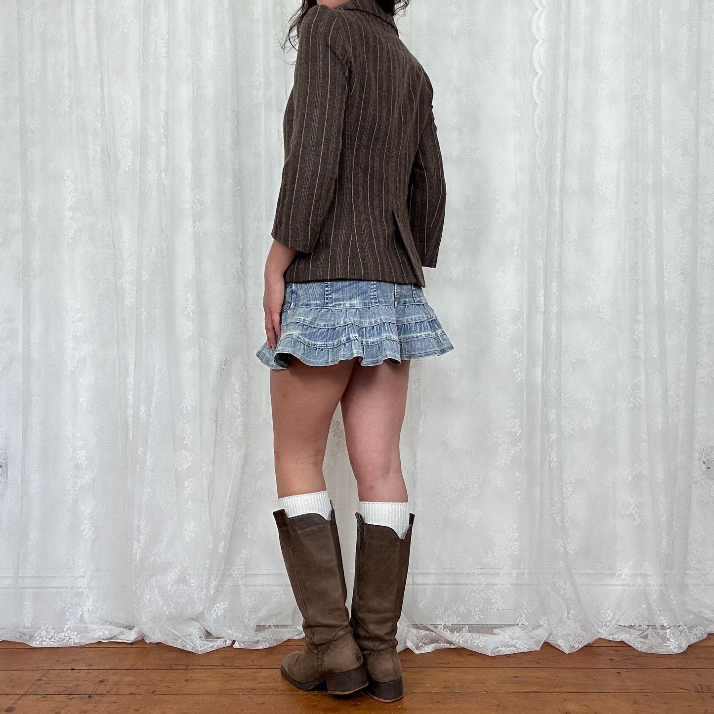 vintage 00s brown and pink striped peacoat jacket