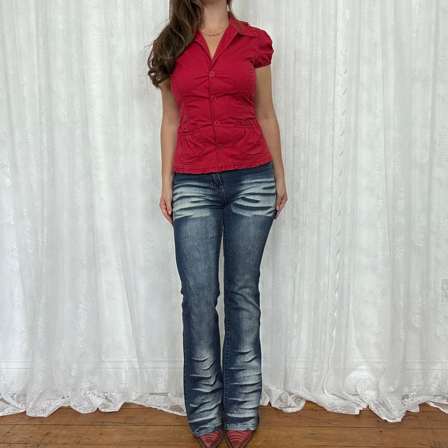 vintage 00s red short sleeve blazer style shirt