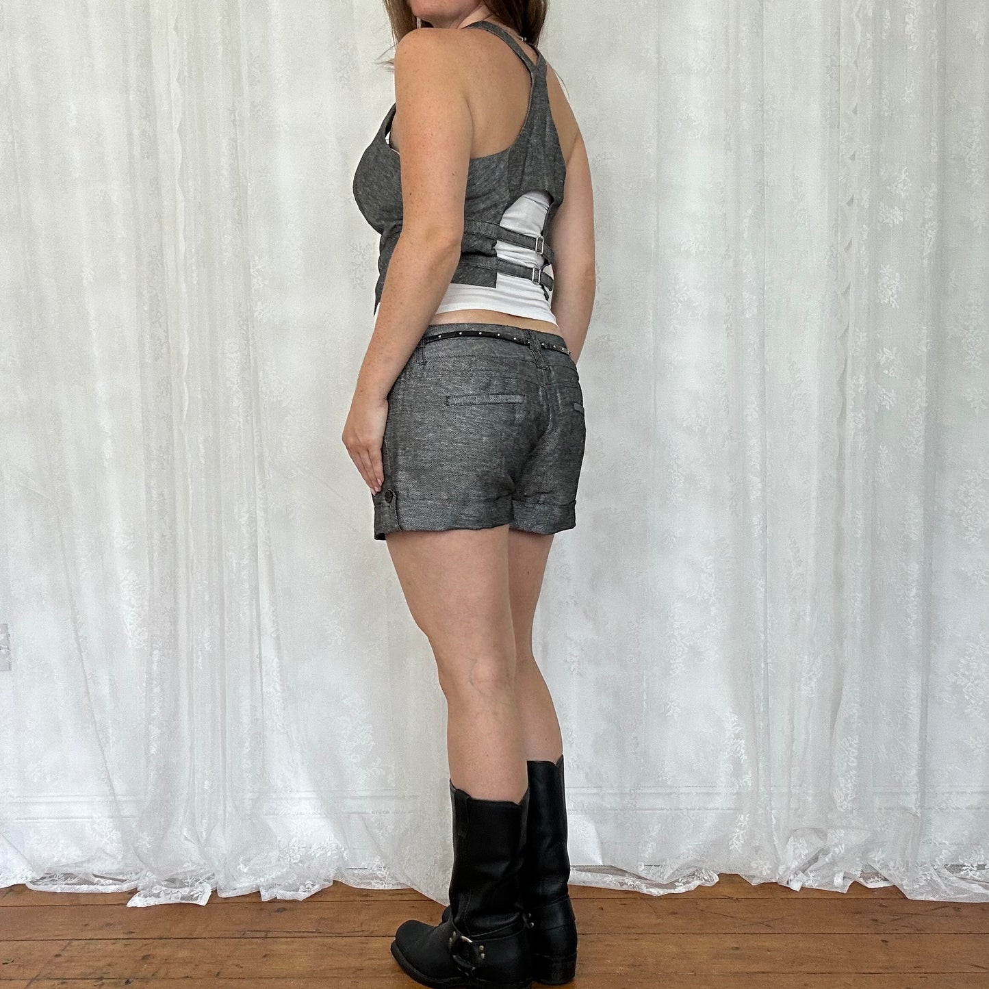 vintage 00s grey waistcoat and shorts co ord