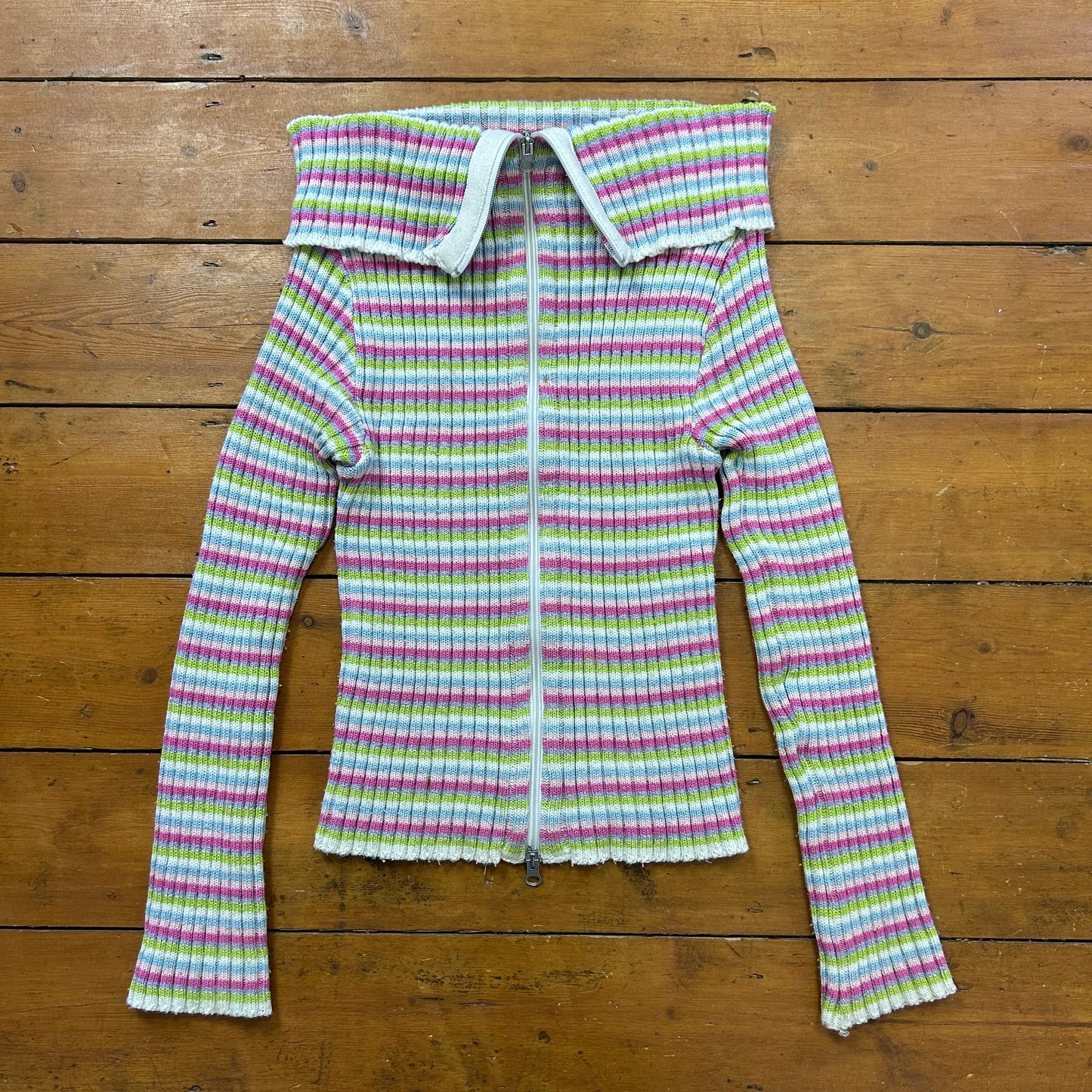 vintage 00s stripe dual zip fold over jumper