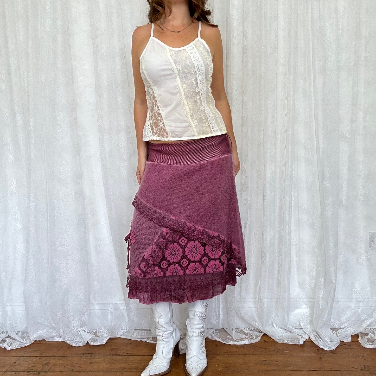 vintage 00s purple knitted lace midi skirt