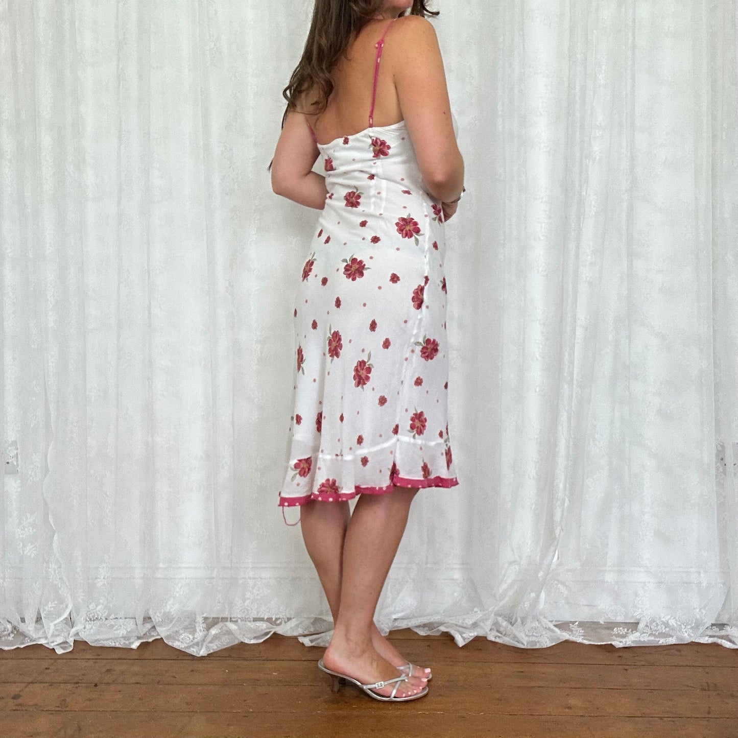 vintage 00s floral midi dress with polka dot trim