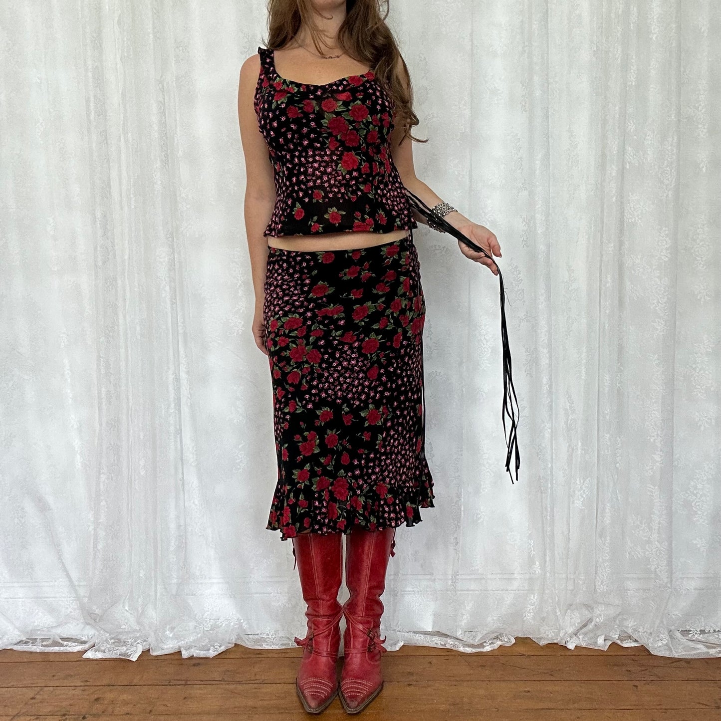 vintage 00s black floral print mesh skirt and top co ord
