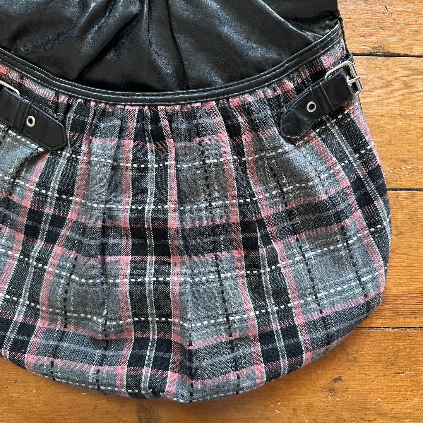 vintage 00s black PU shoulder bag with grey and pink tartan