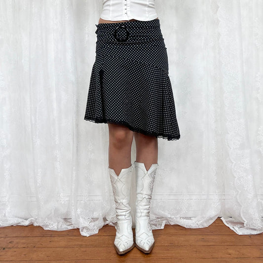 vintage 00s black polka dot asymmetrical midi skirt with belt