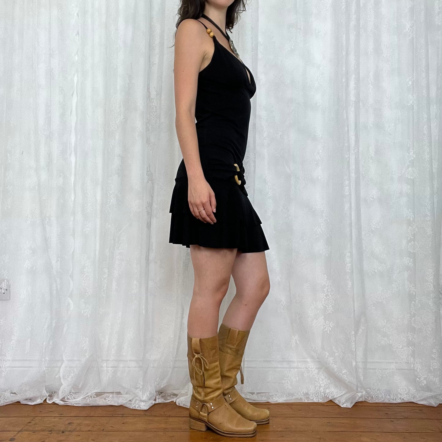 vintage 00s black o ring ruffle mini dress