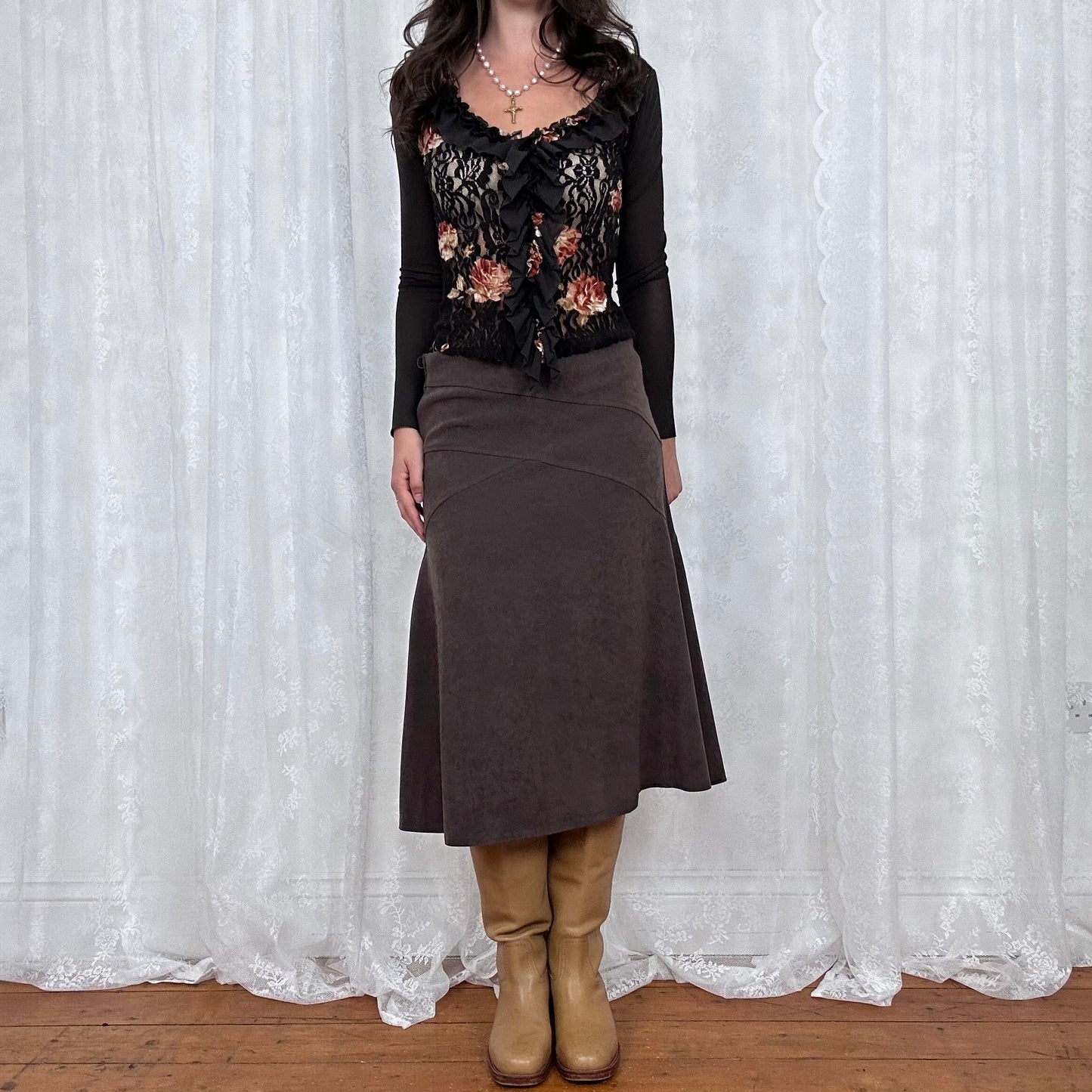 vintage 00s brown and orange floral lace top with ruffle