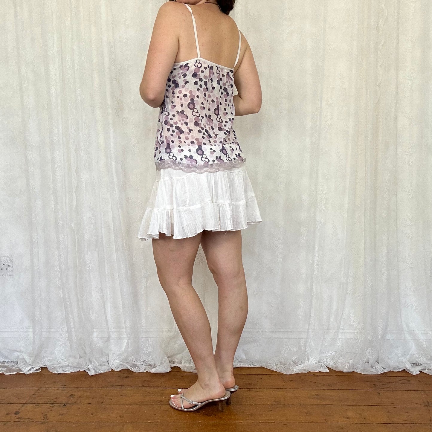 vintage 00s purple polka dot sheer cami top