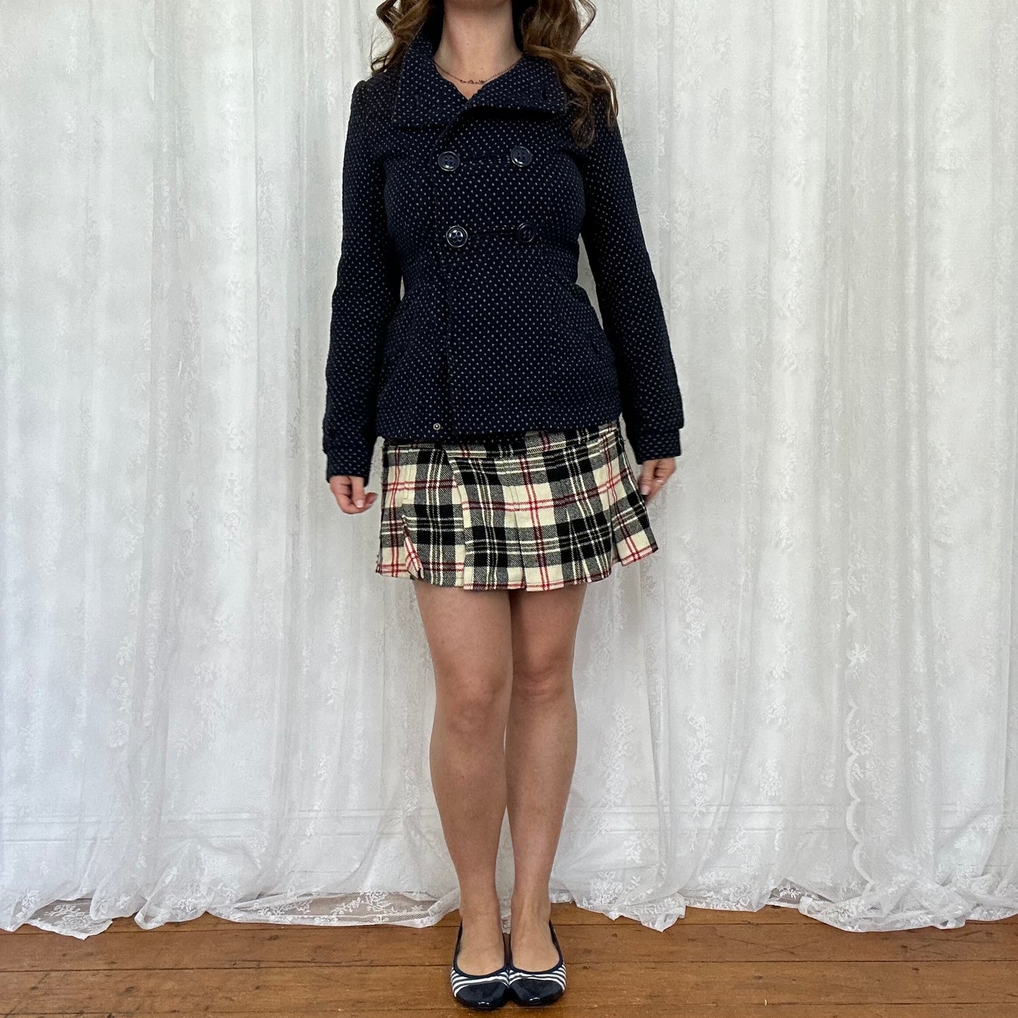vintage 00s navy polka dot peacoat blazer