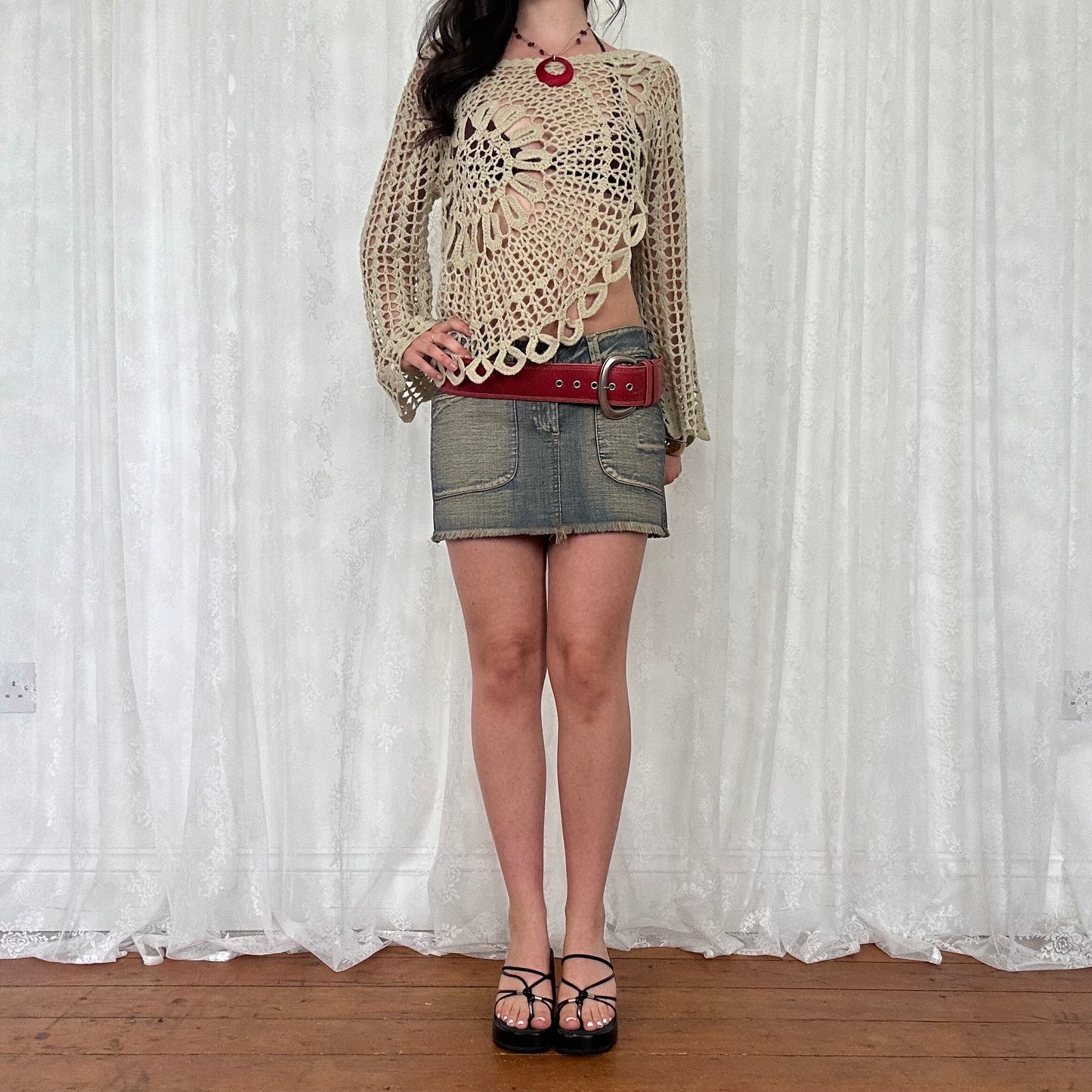 vintage 00s beige crochet knit jumper