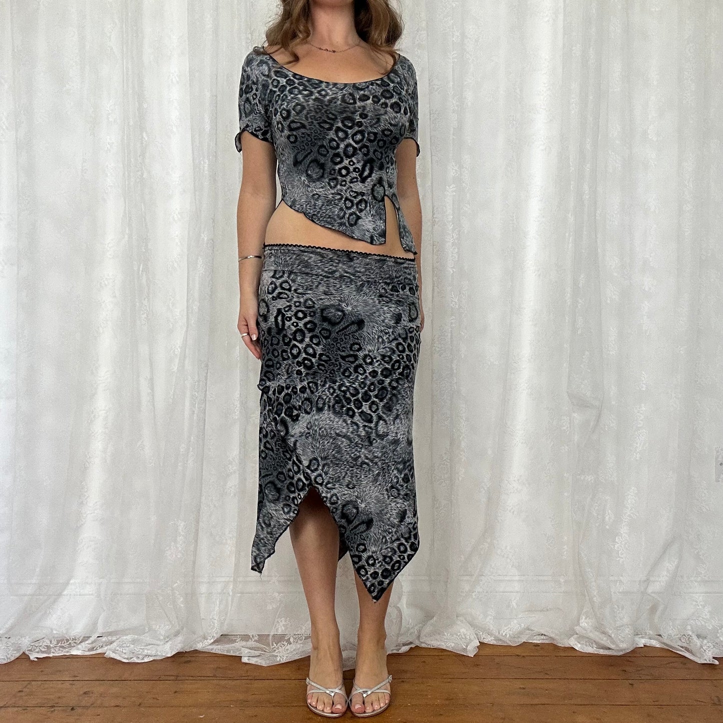 vintage 00s grey animal print asymmetrical top and skirt co ord