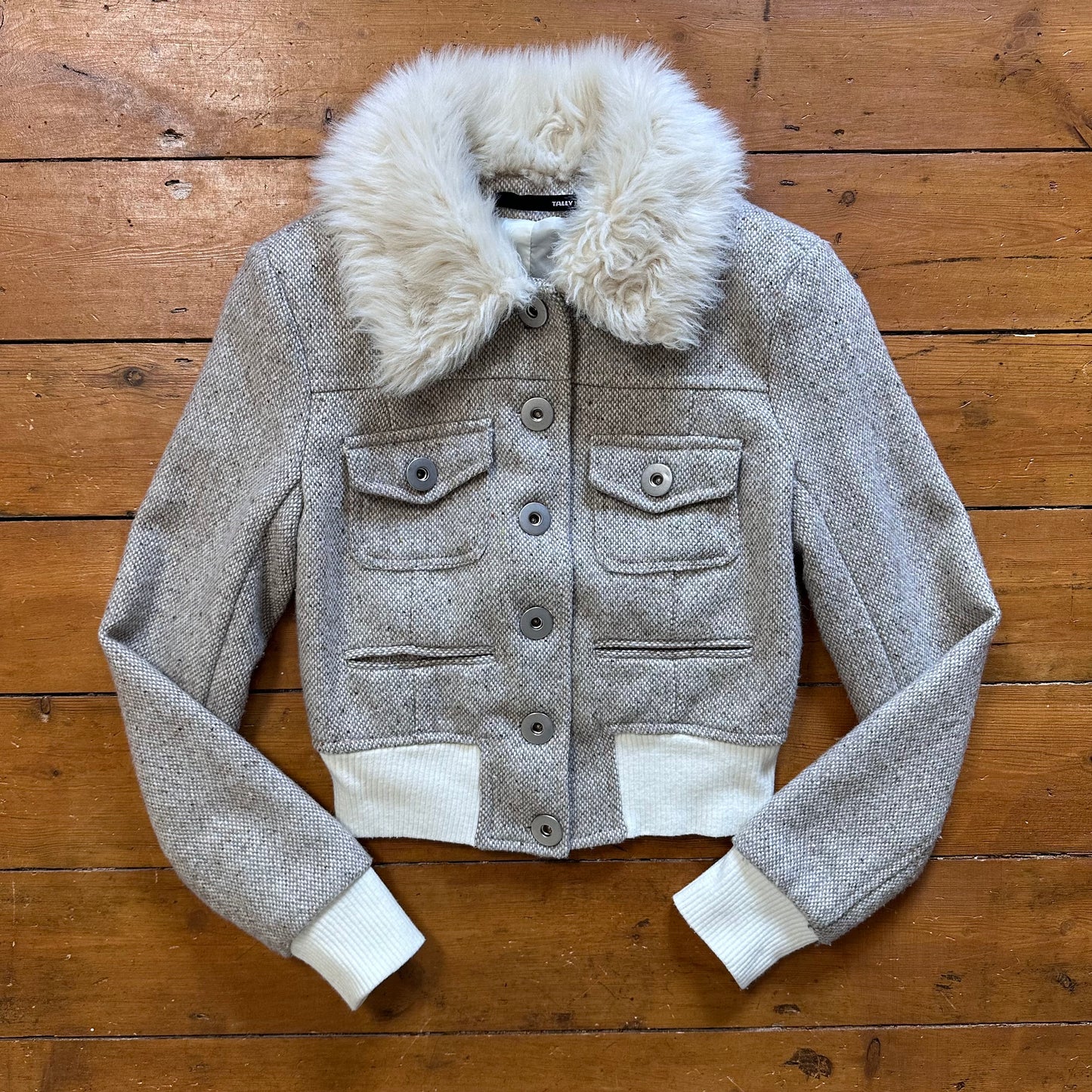 vintage 00s cream tweed button up jacket with faux fur collar