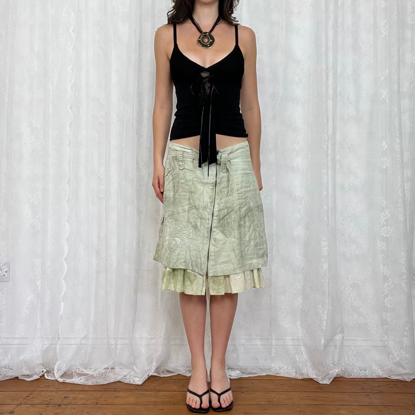 vintage 00s black lacy cami with tie up ruffle detail