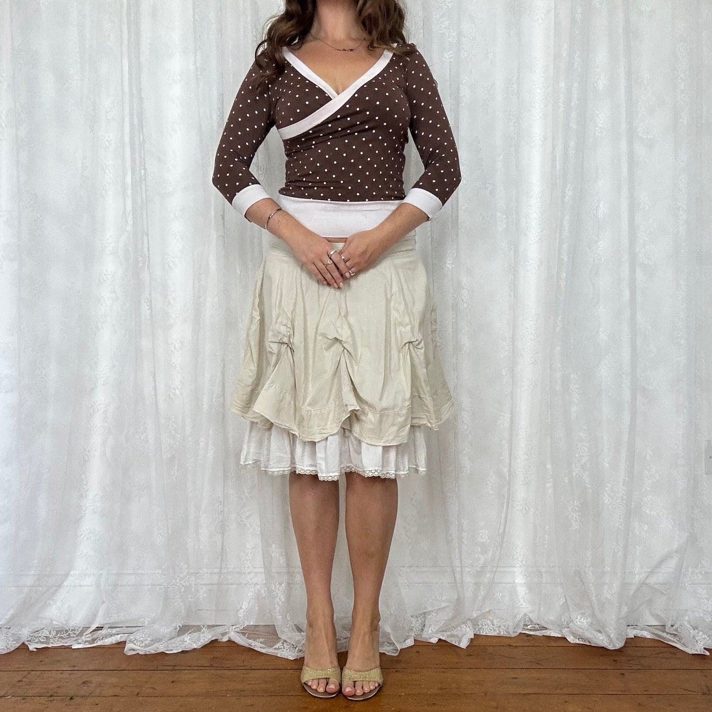 vintage 00s brown polka dot crop sleeve top