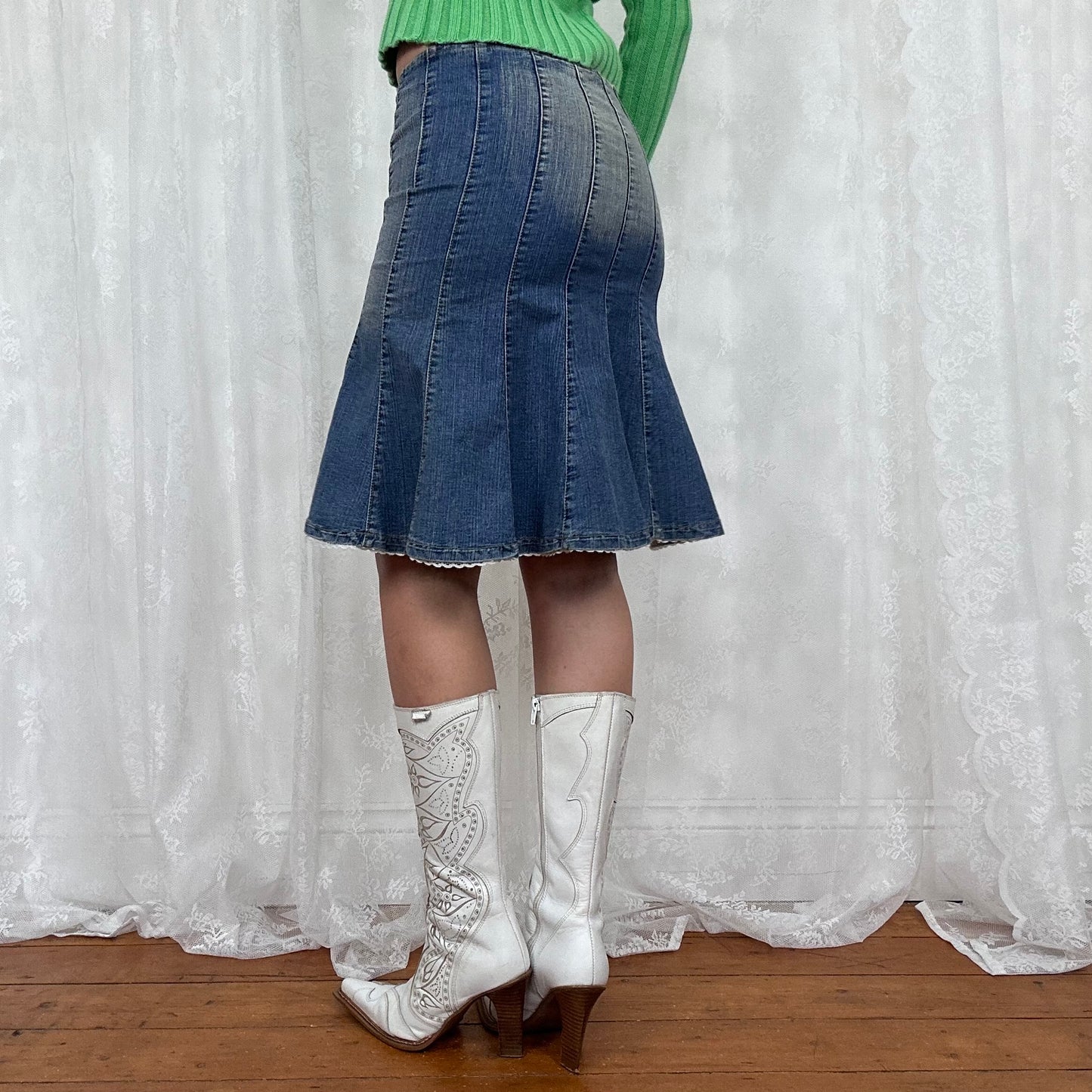 vintage 00s denim panel midi skirt with broderie trim