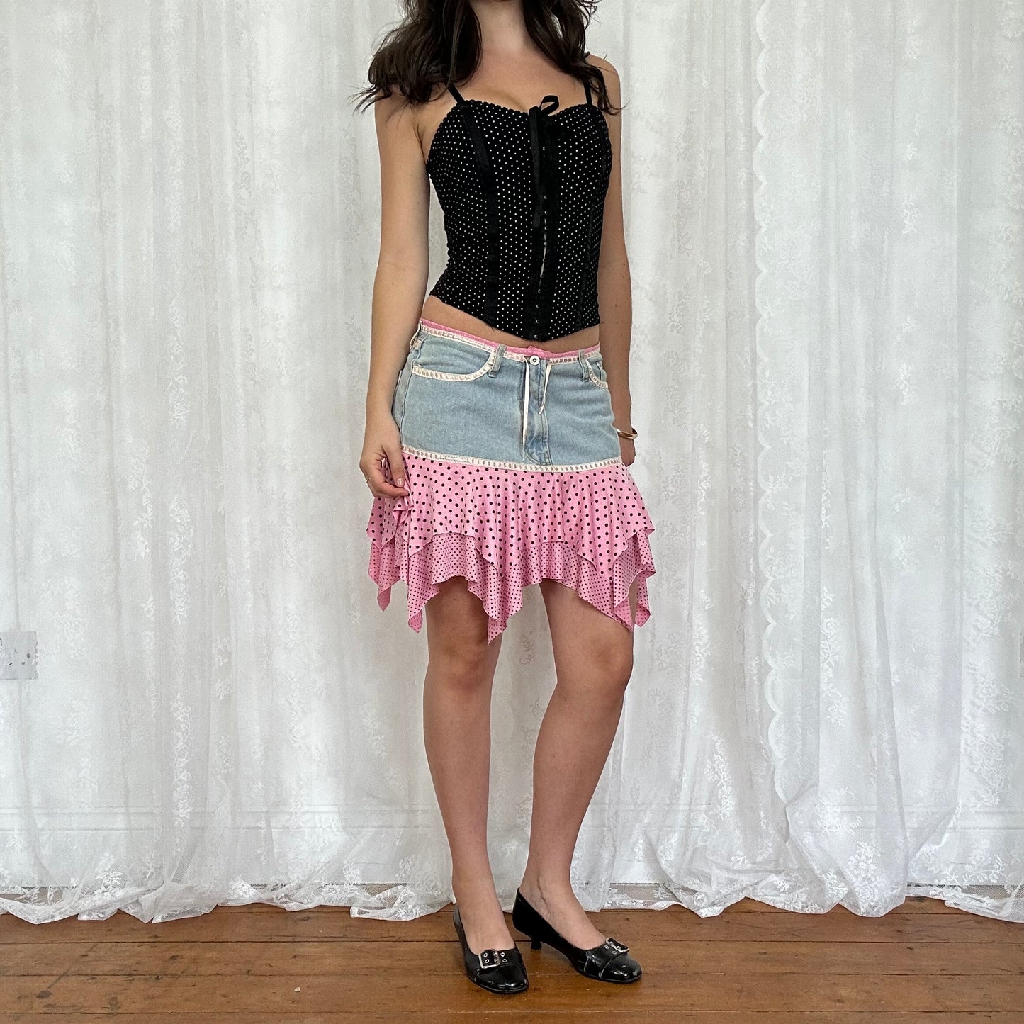 vintage 00s black polka dot hook and eye cami top