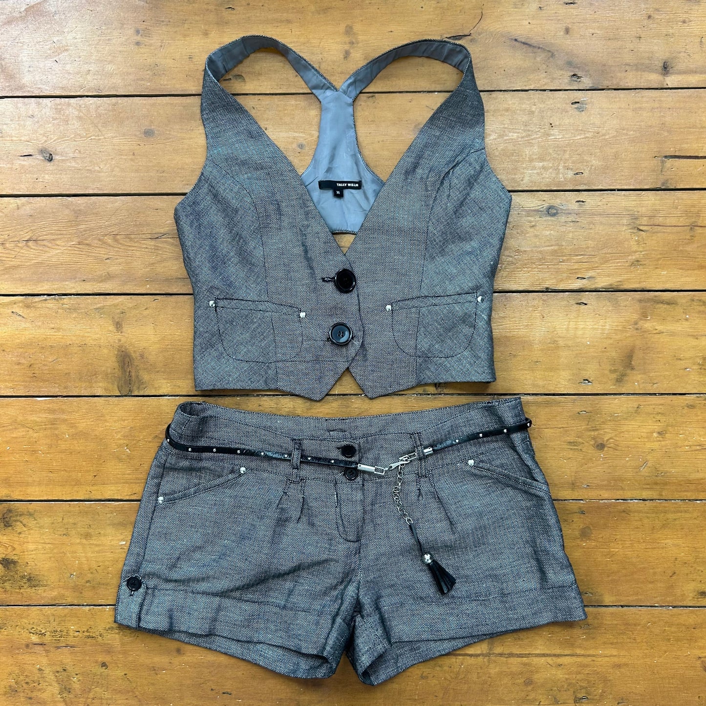vintage 00s grey waistcoat and shorts co ord