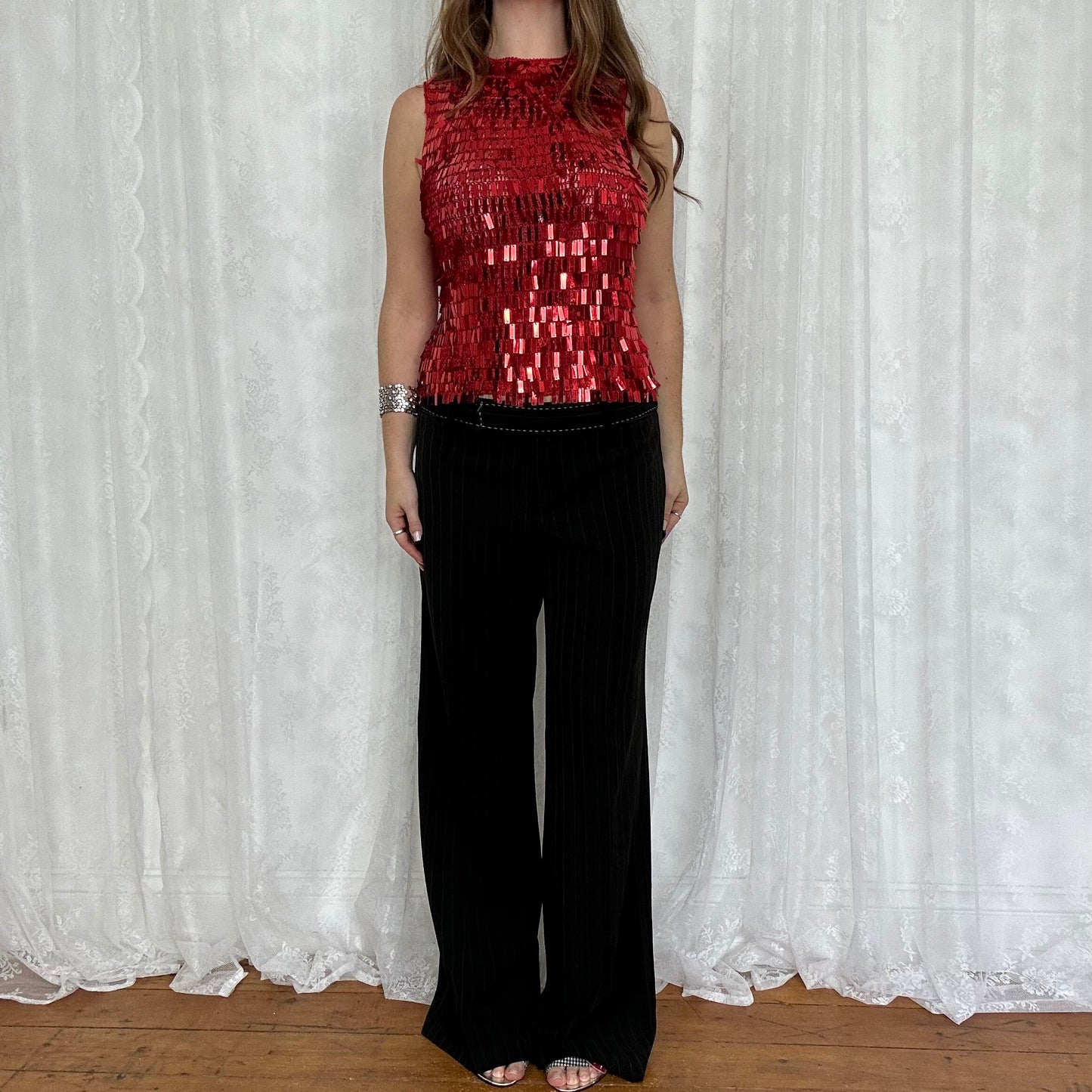 vintage 00s red sequin crochet top