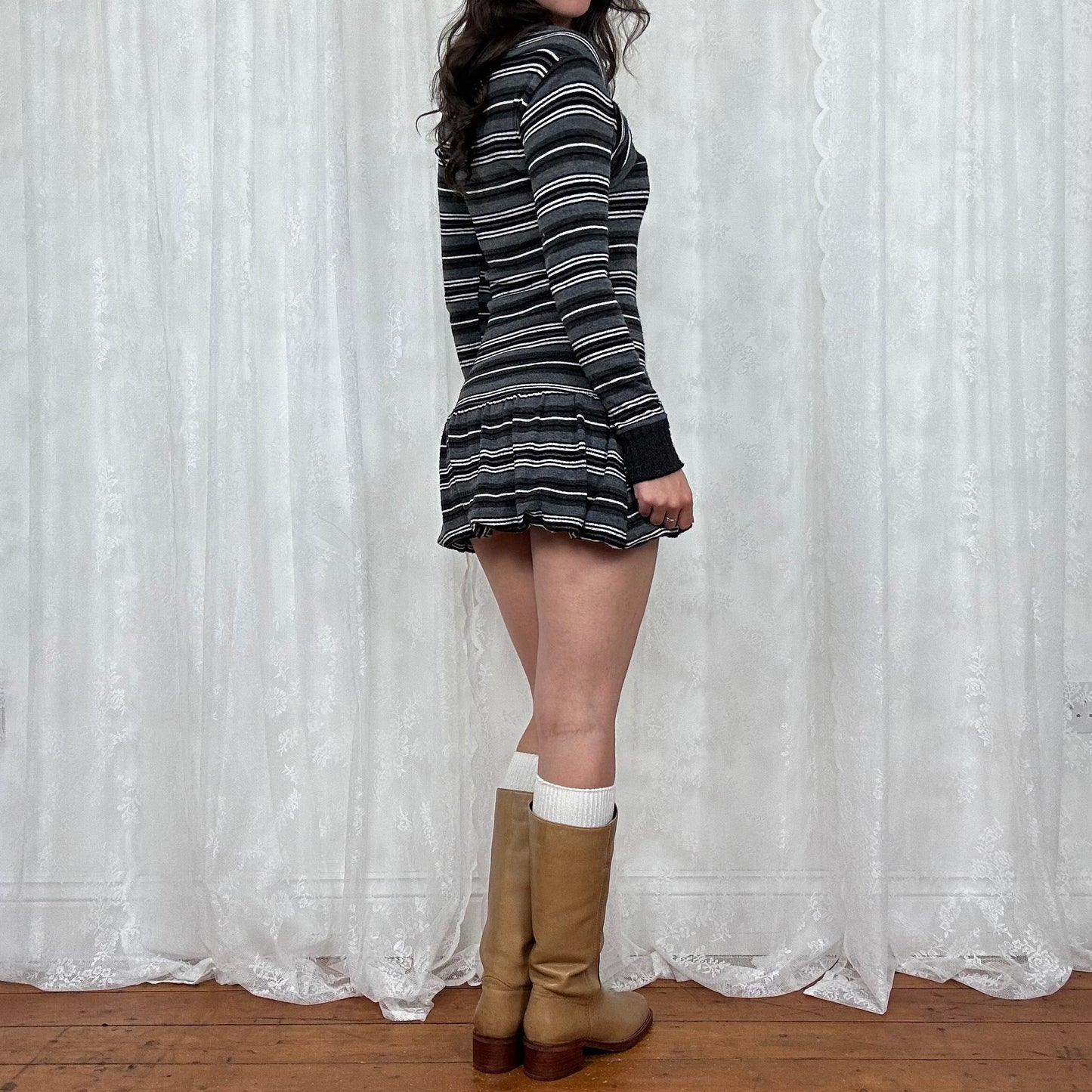 vintage 00s grey striped bubble hem mini dress with inbuilt shrug