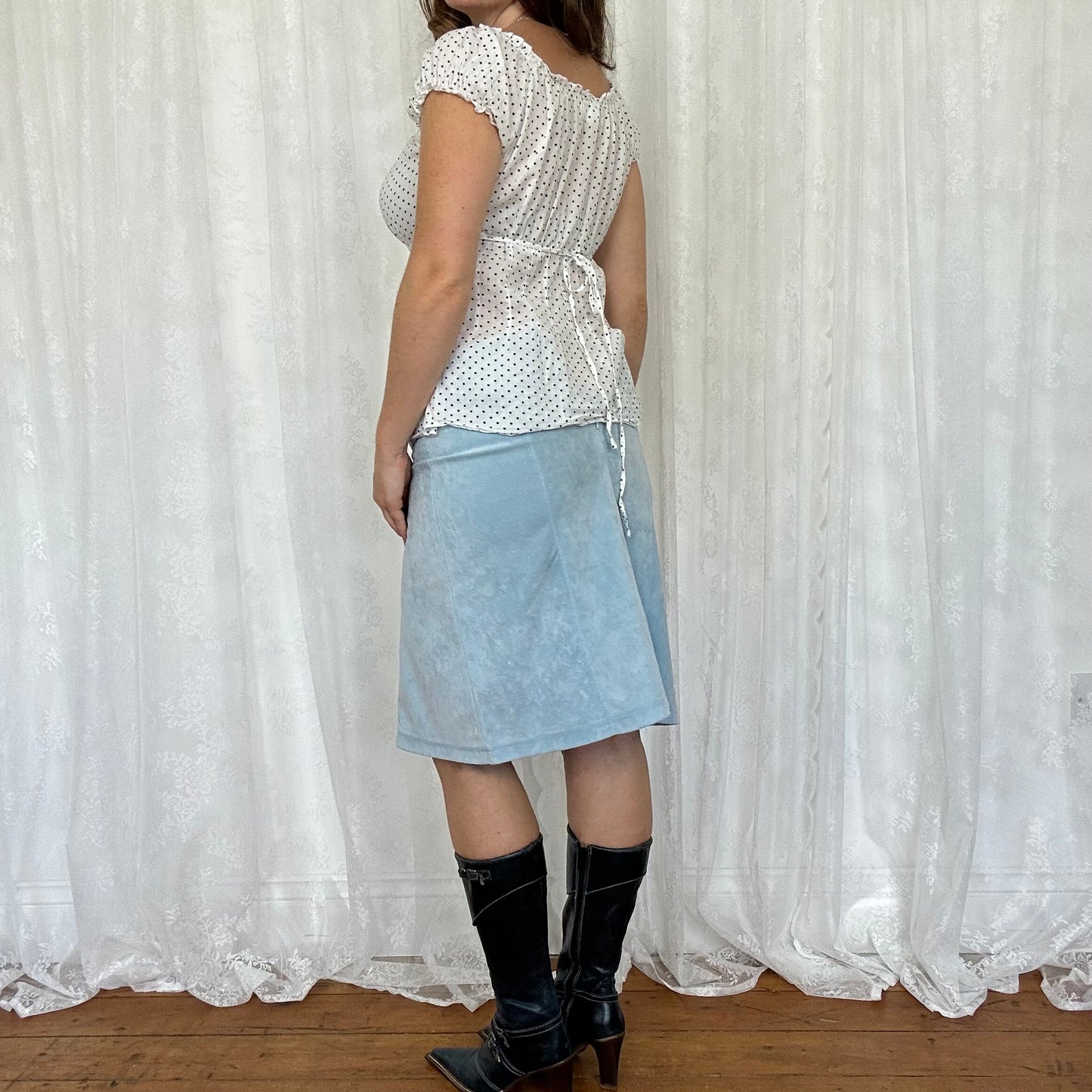 vintage 00s white and blue polka dot tie back top