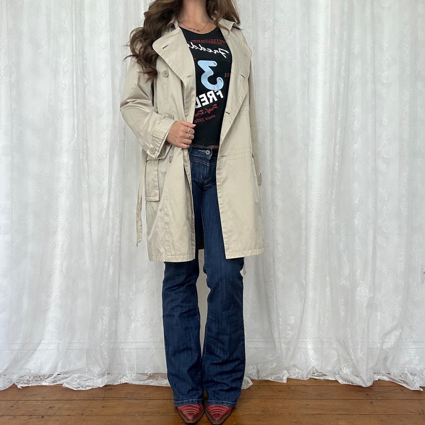 vintage 00s beige button up trench coat