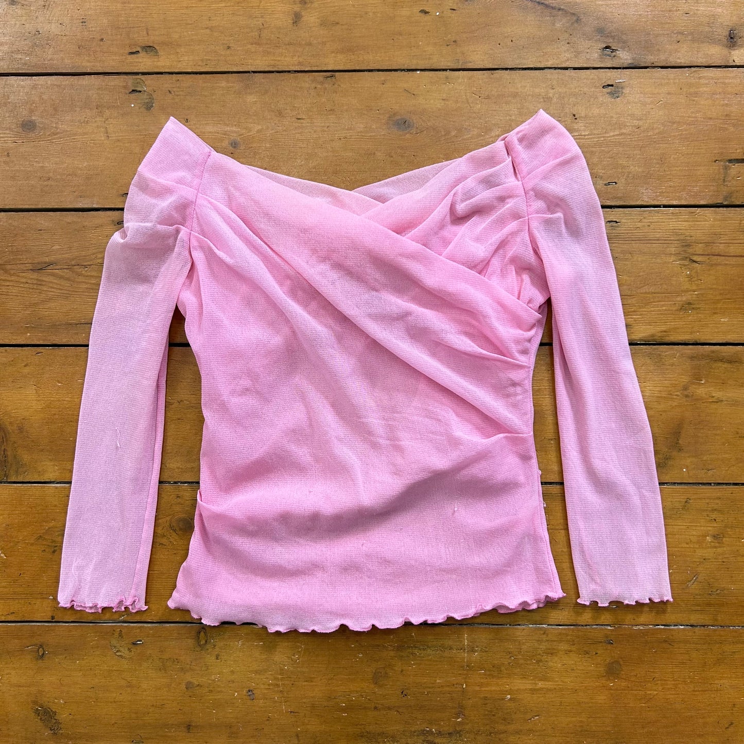 vintage 00s pink mesh cross over crop sleeve top