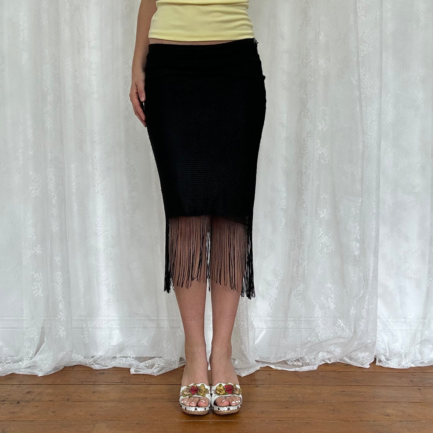 vintage 00s black crochet tassle midi skirt