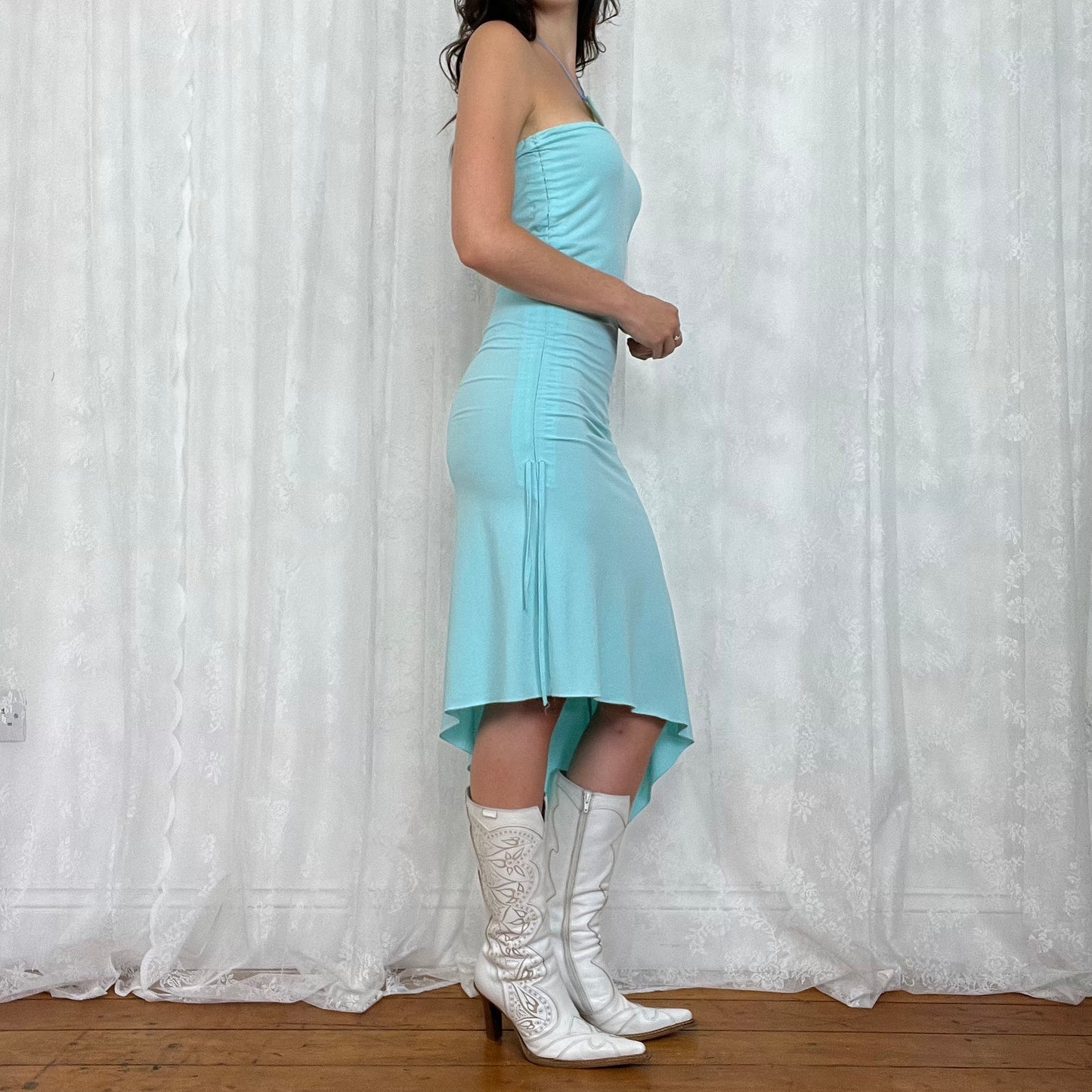 vintage 00s blue ruched halter dress