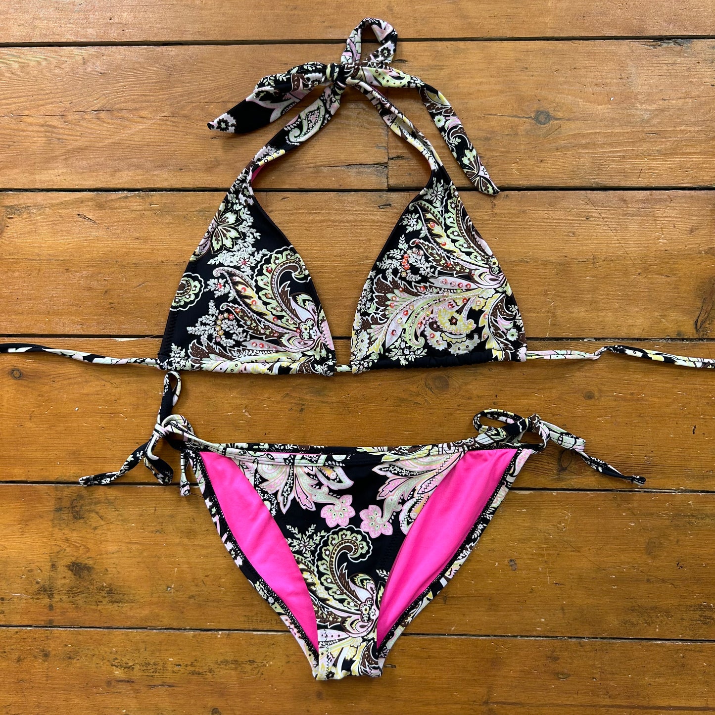 vintage 00s black paisley beaded sequin bikini set