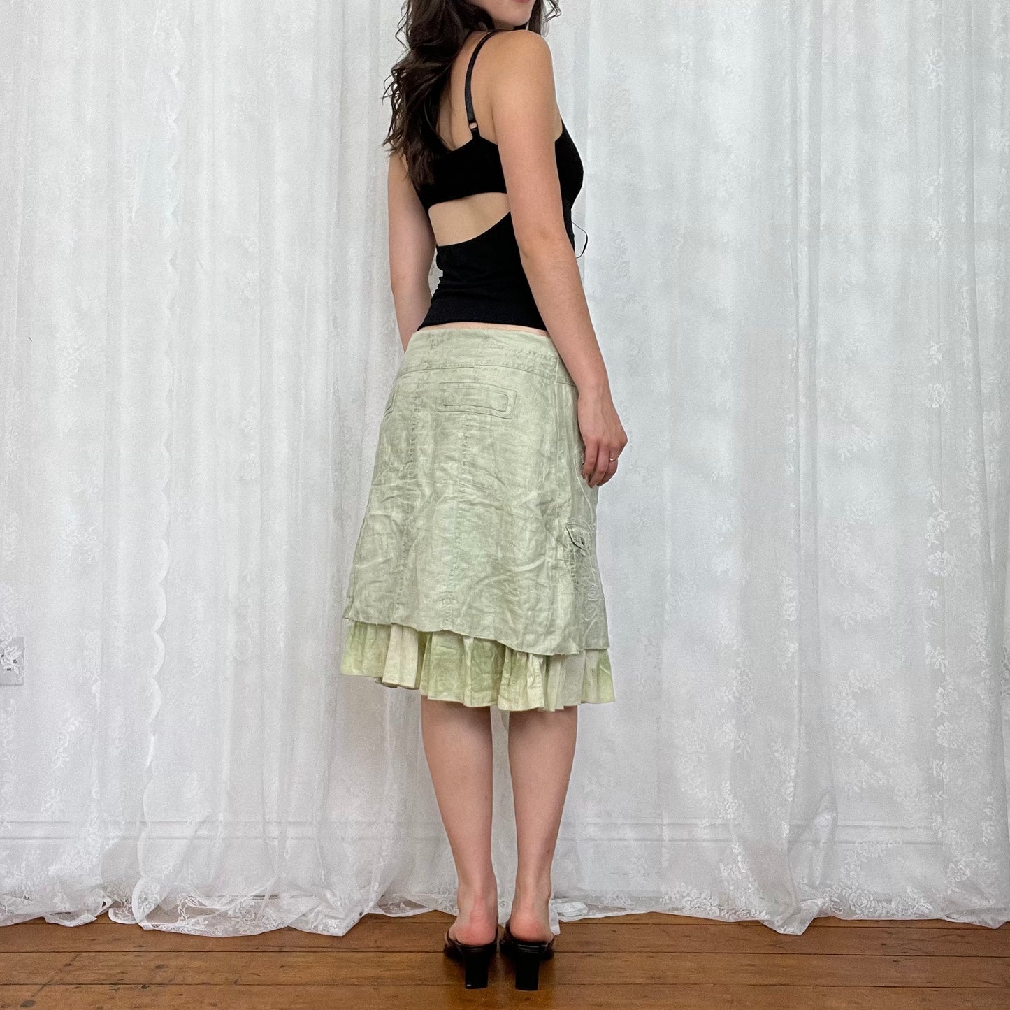 vintage 00s black lacy cami with tie up ruffle detail