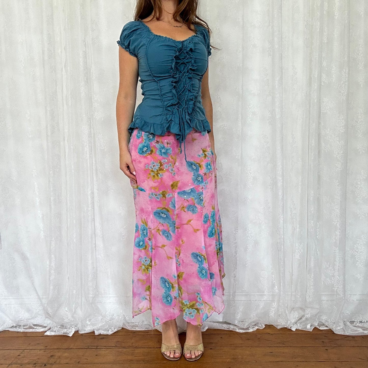 vintage 00s petrol blue tie up milkmaid top