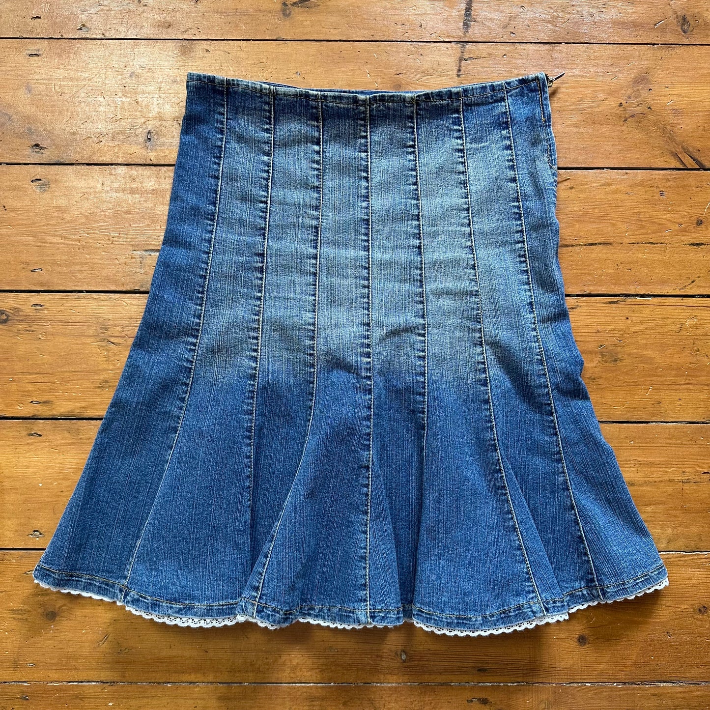vintage 00s denim panel midi skirt with broderie trim