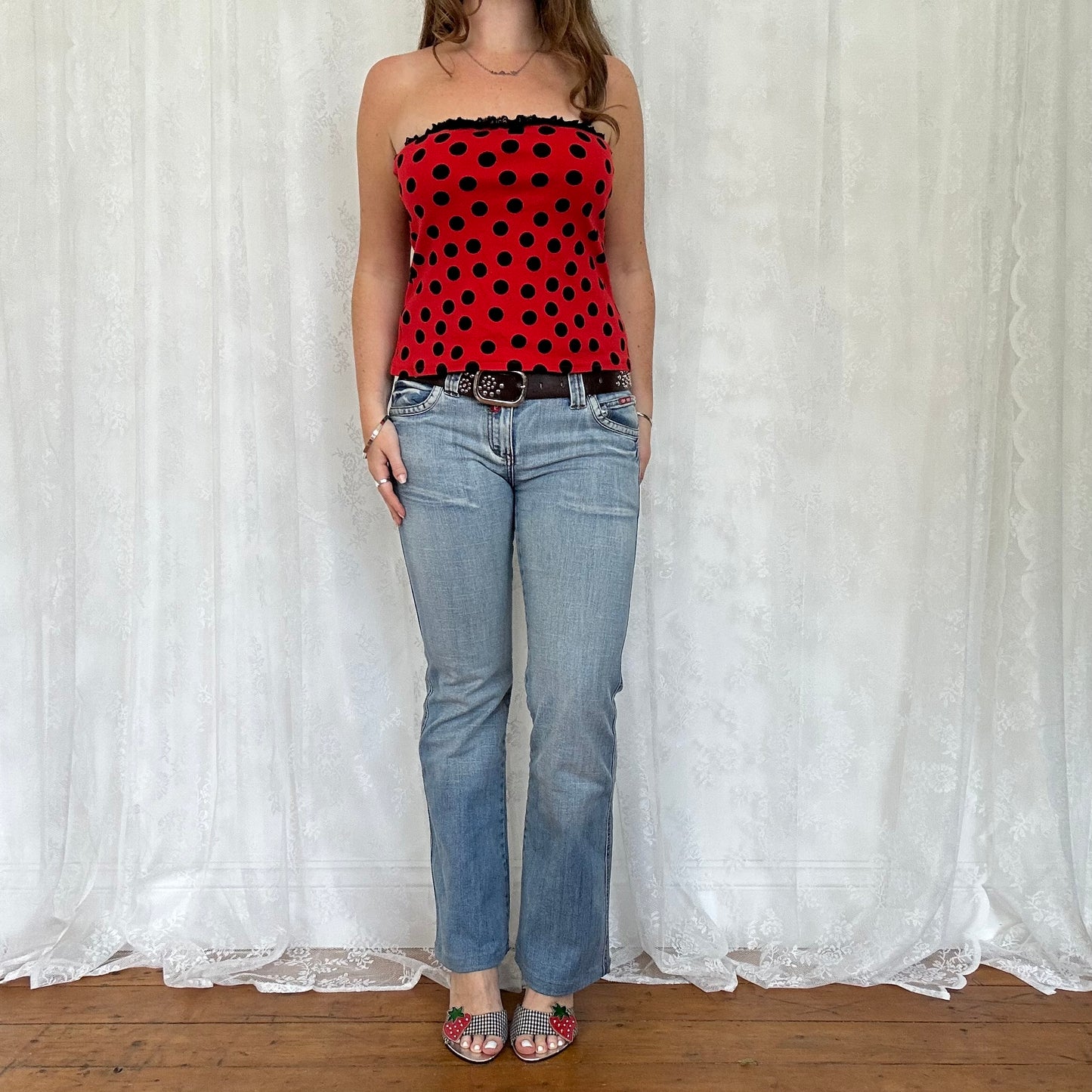 vintage 00s red and black polka dot strapless top