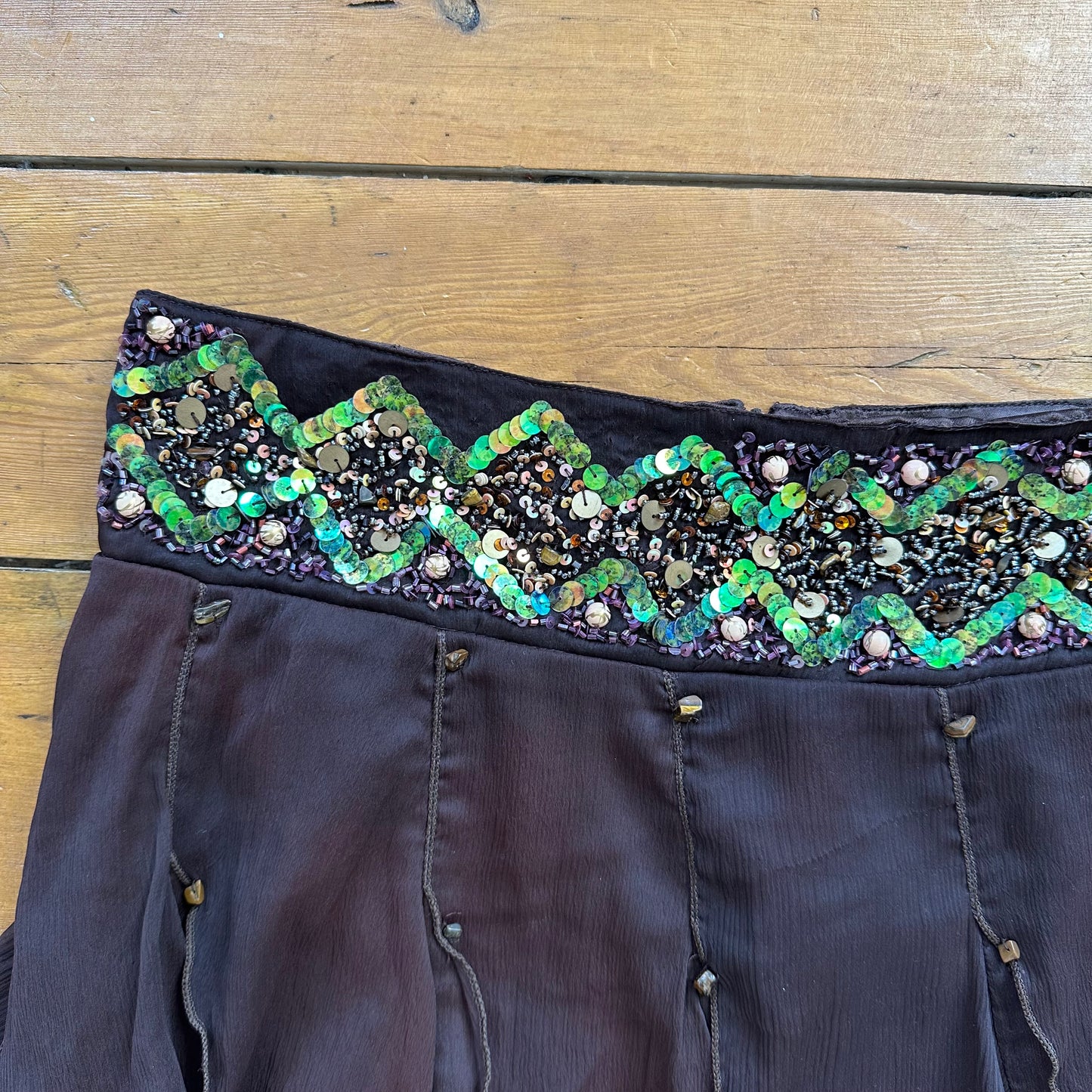 vintage 00s brown sequin frill mesh midi skirt