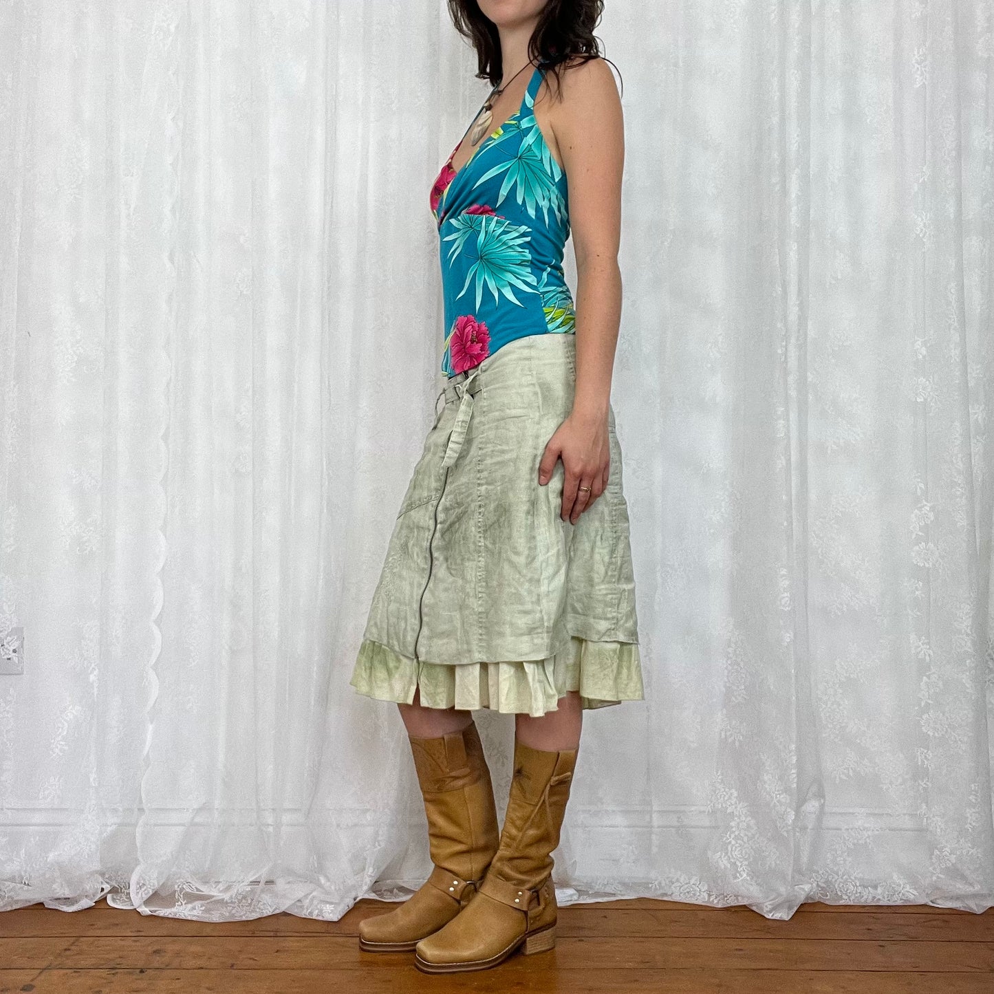 vintage 00s blue floral halterneck cami